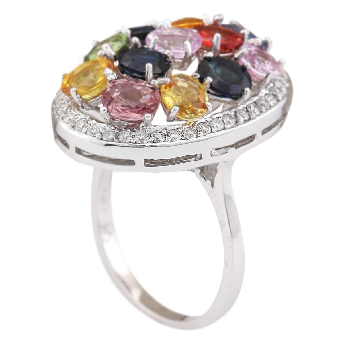 Round Cut Natural Sapphire 14 Karat White Gold Diamond Ring For Sale
