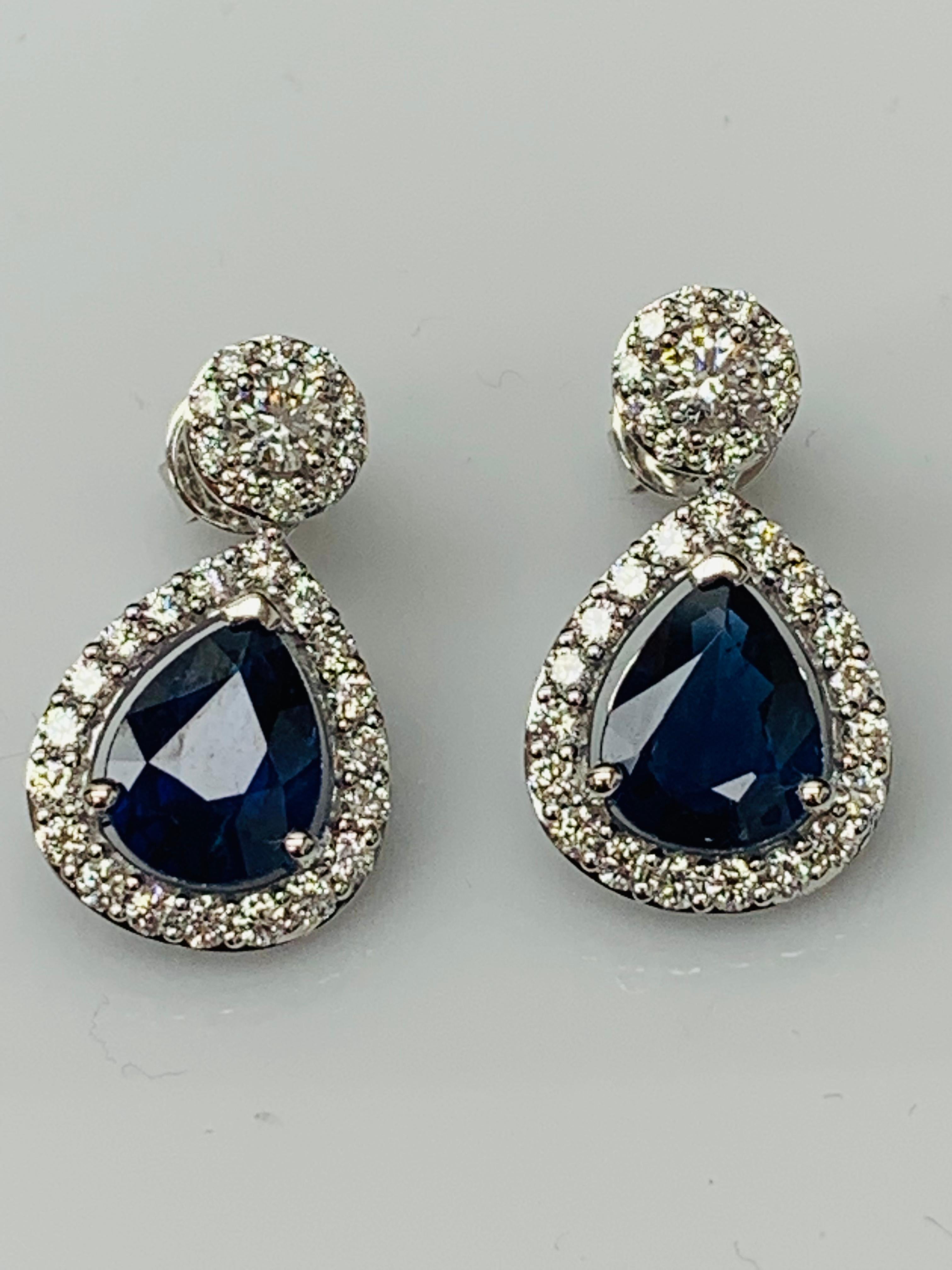 5.34 Carat of Pear Shape Blue Sapphire Diamond Drop Earrings in 18K White Gold In New Condition For Sale In NEW YORK, NY