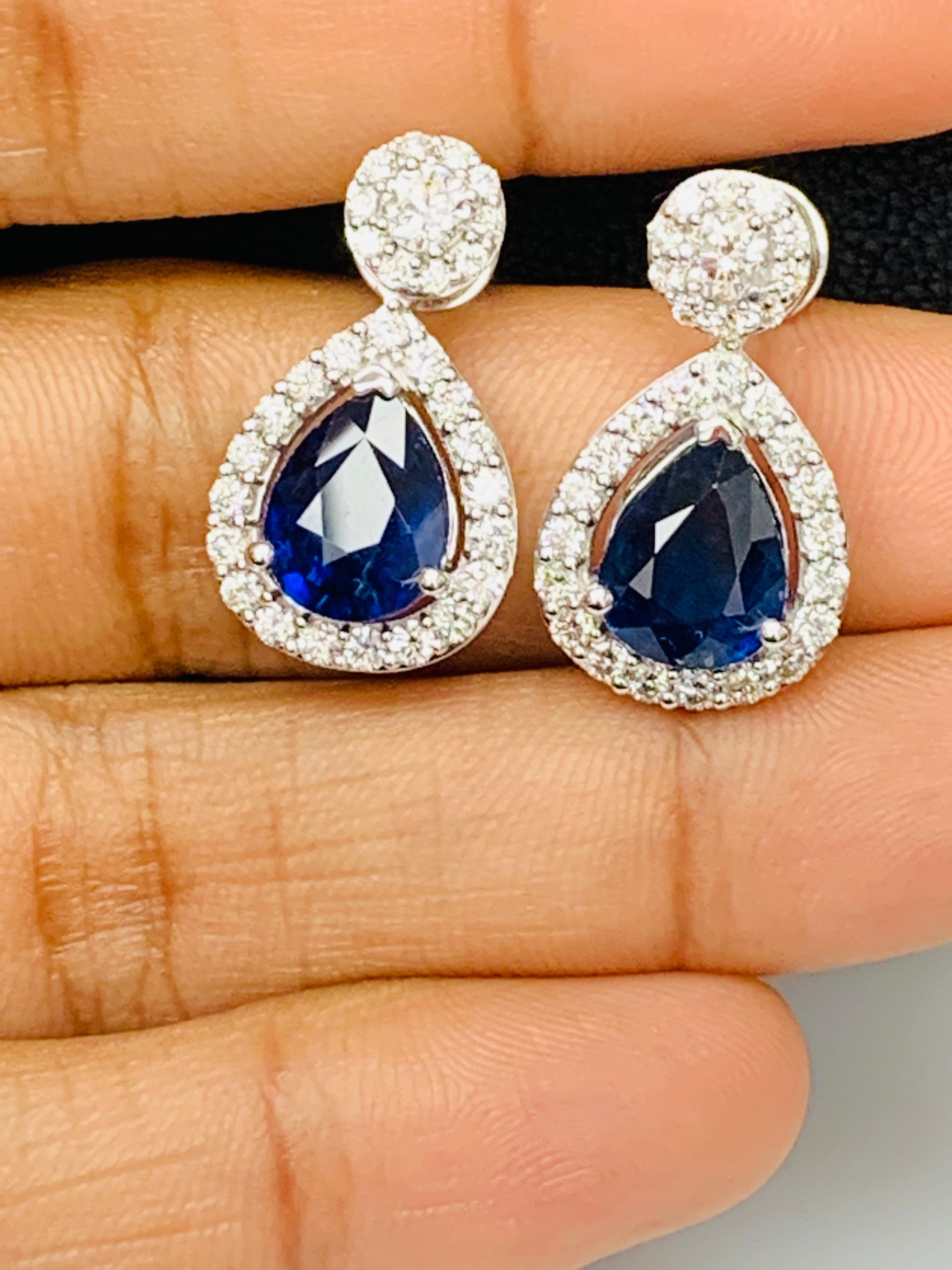 5.34 Carat of Pear Shape Blue Sapphire Diamond Drop Earrings in 18K White Gold For Sale 1