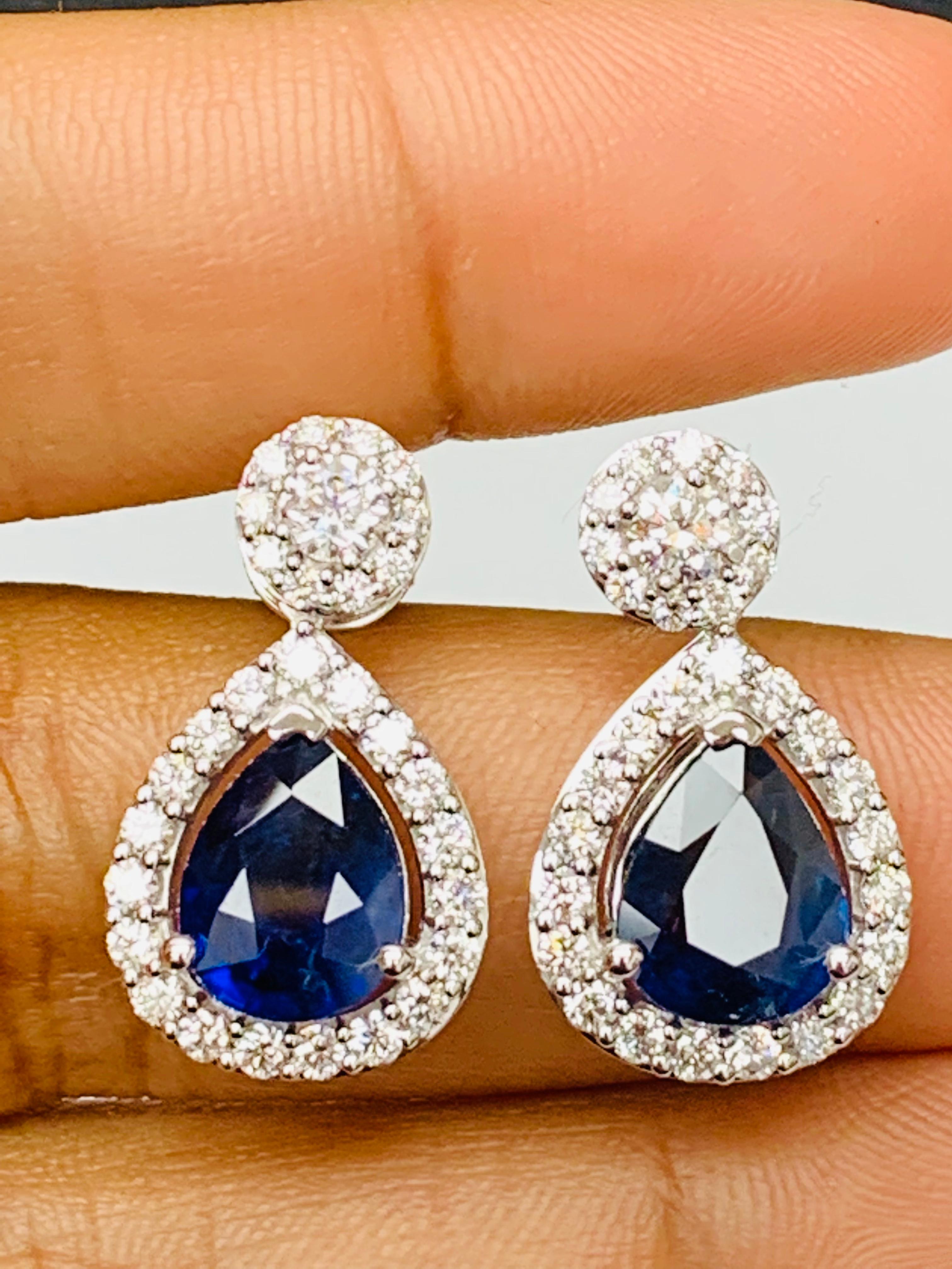 5.34 Carat of Pear Shape Blue Sapphire Diamond Drop Earrings in 18K White Gold For Sale 2