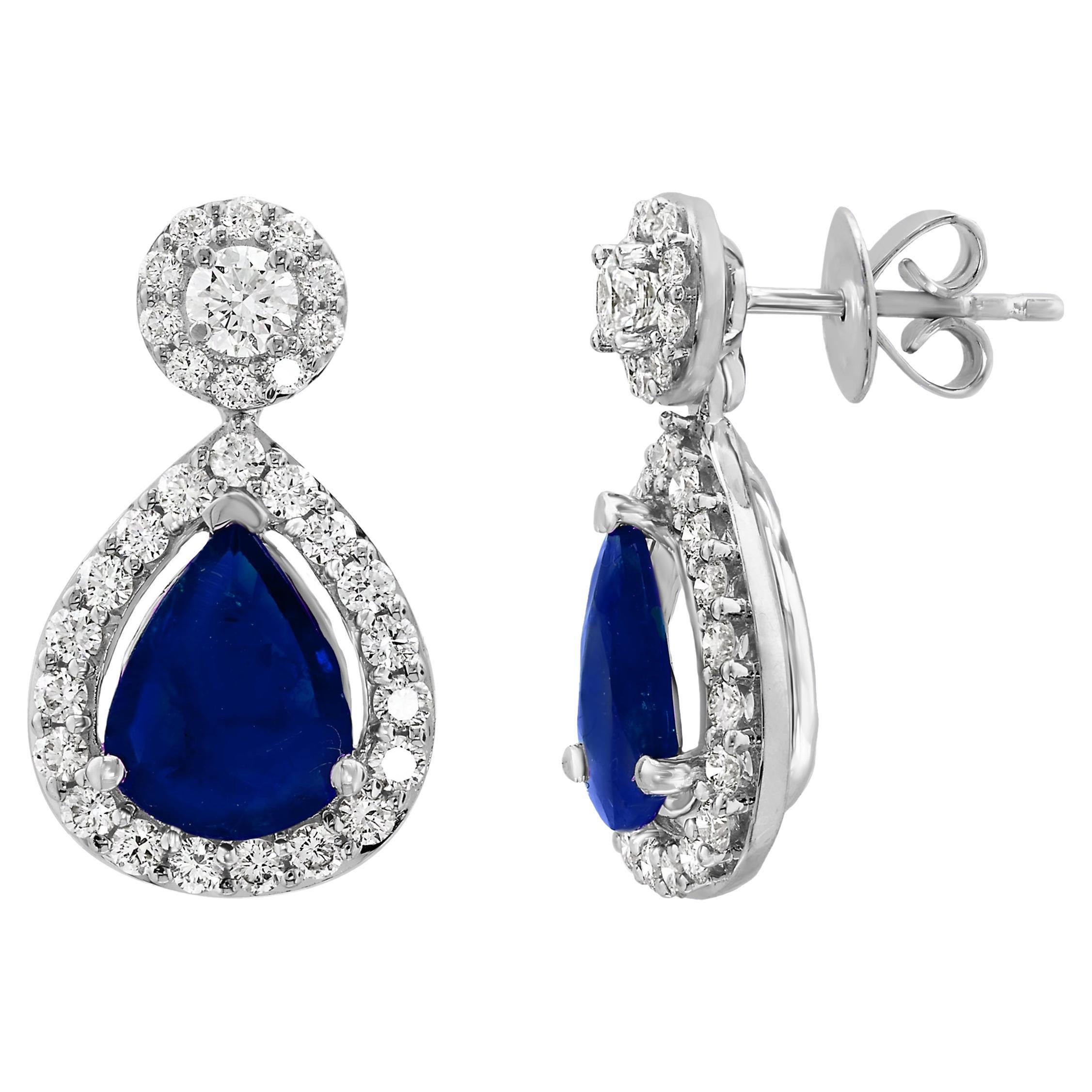 5.34 Carat of Pear Shape Blue Sapphire Diamond Drop Earrings in 18K White Gold For Sale