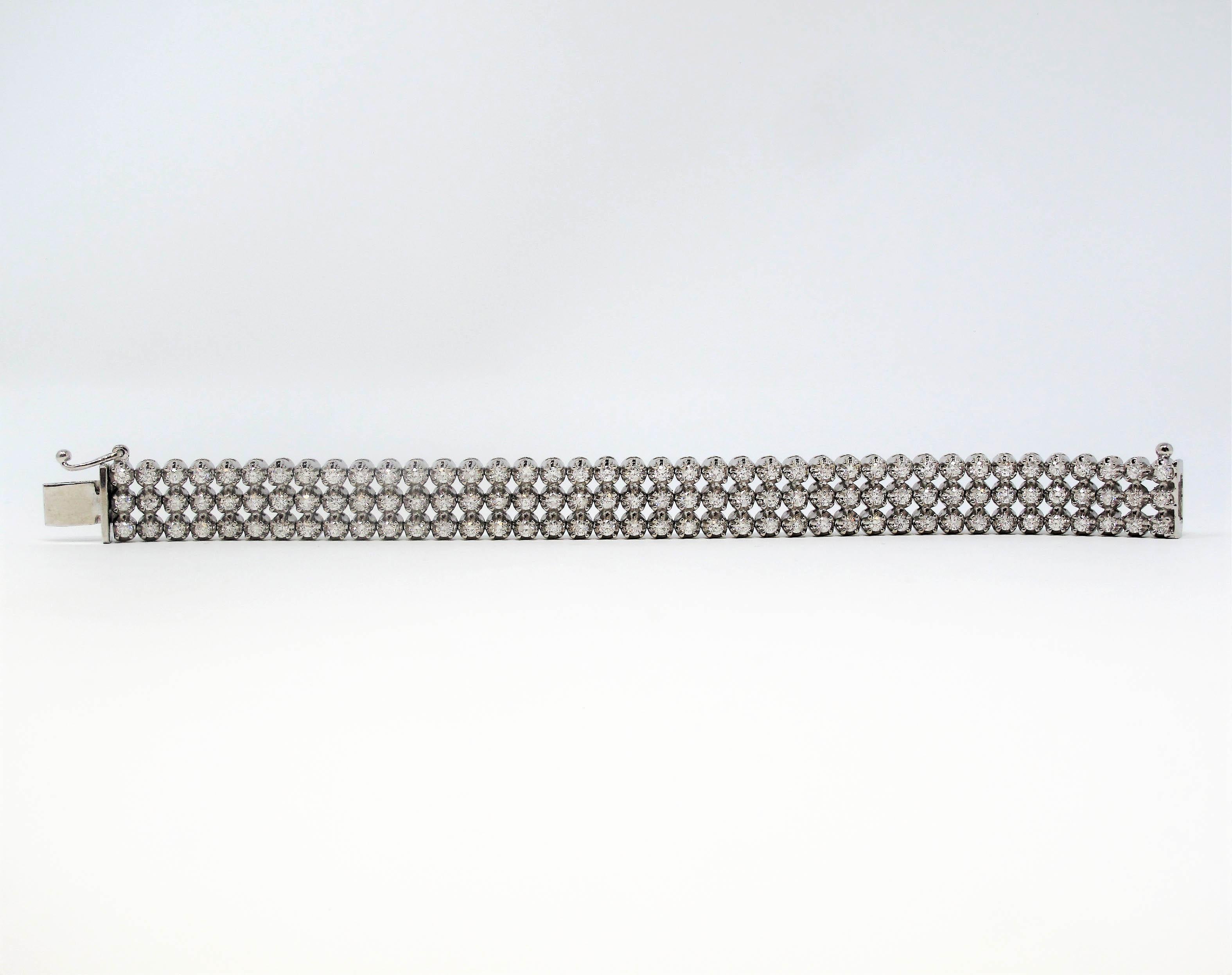 5.34 Carat Round Brilliant Diamond Three-Row Tennis Bracelet 14 Karat White Gold For Sale 2