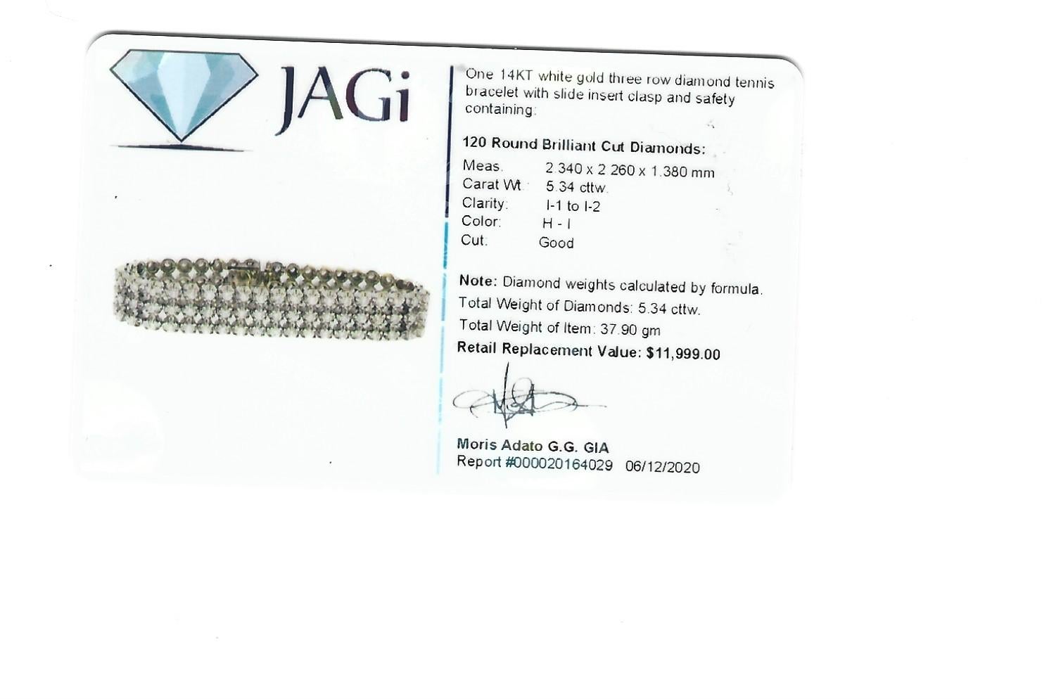 5.34 Carat Round Brilliant Diamond Three-Row Tennis Bracelet 14 Karat White Gold For Sale 6