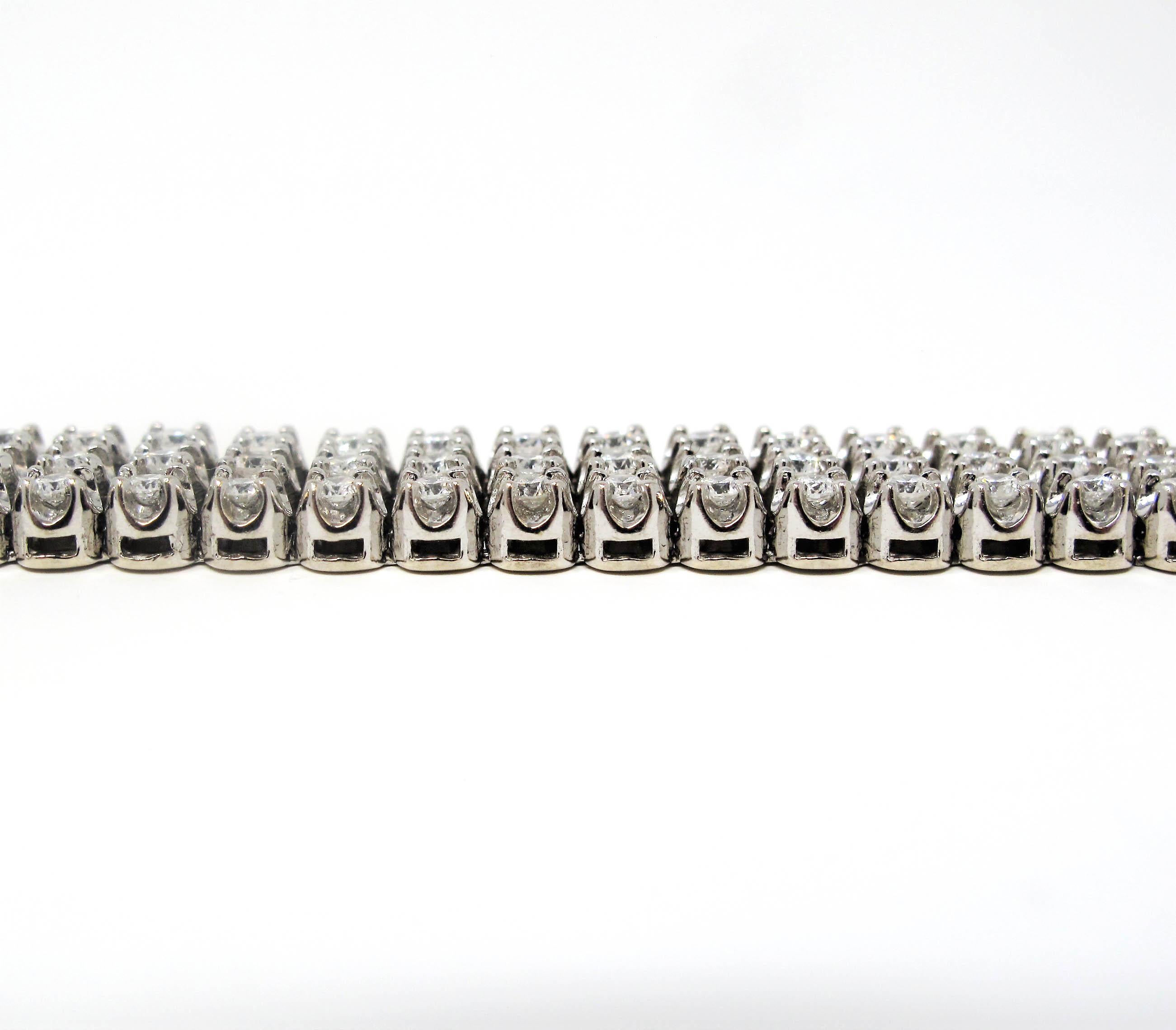 Round Cut 5.34 Carat Round Brilliant Diamond Three-Row Tennis Bracelet 14 Karat White Gold For Sale