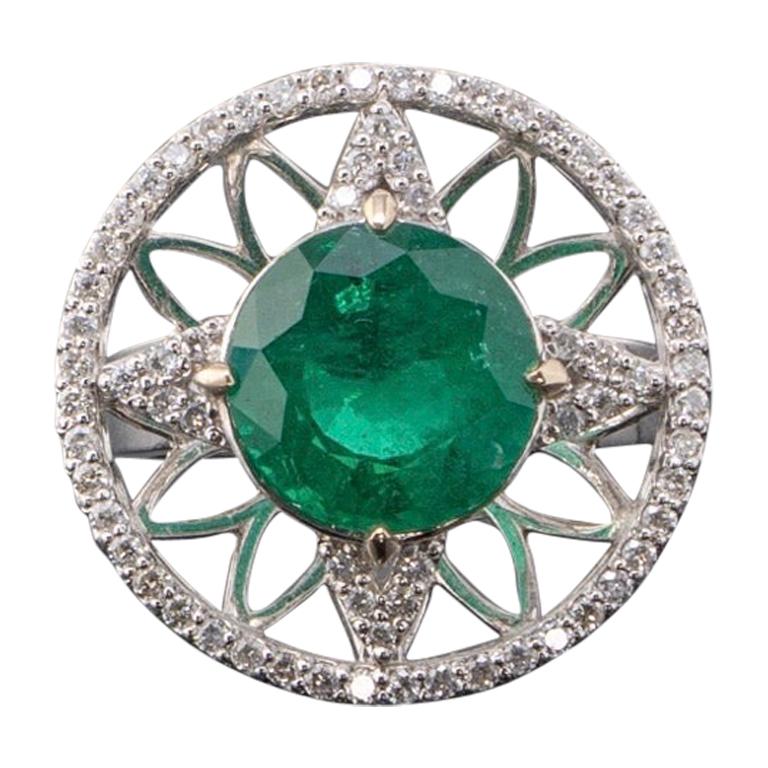 5.34 Carat Round Emerald and Diamond Cocktail Ring