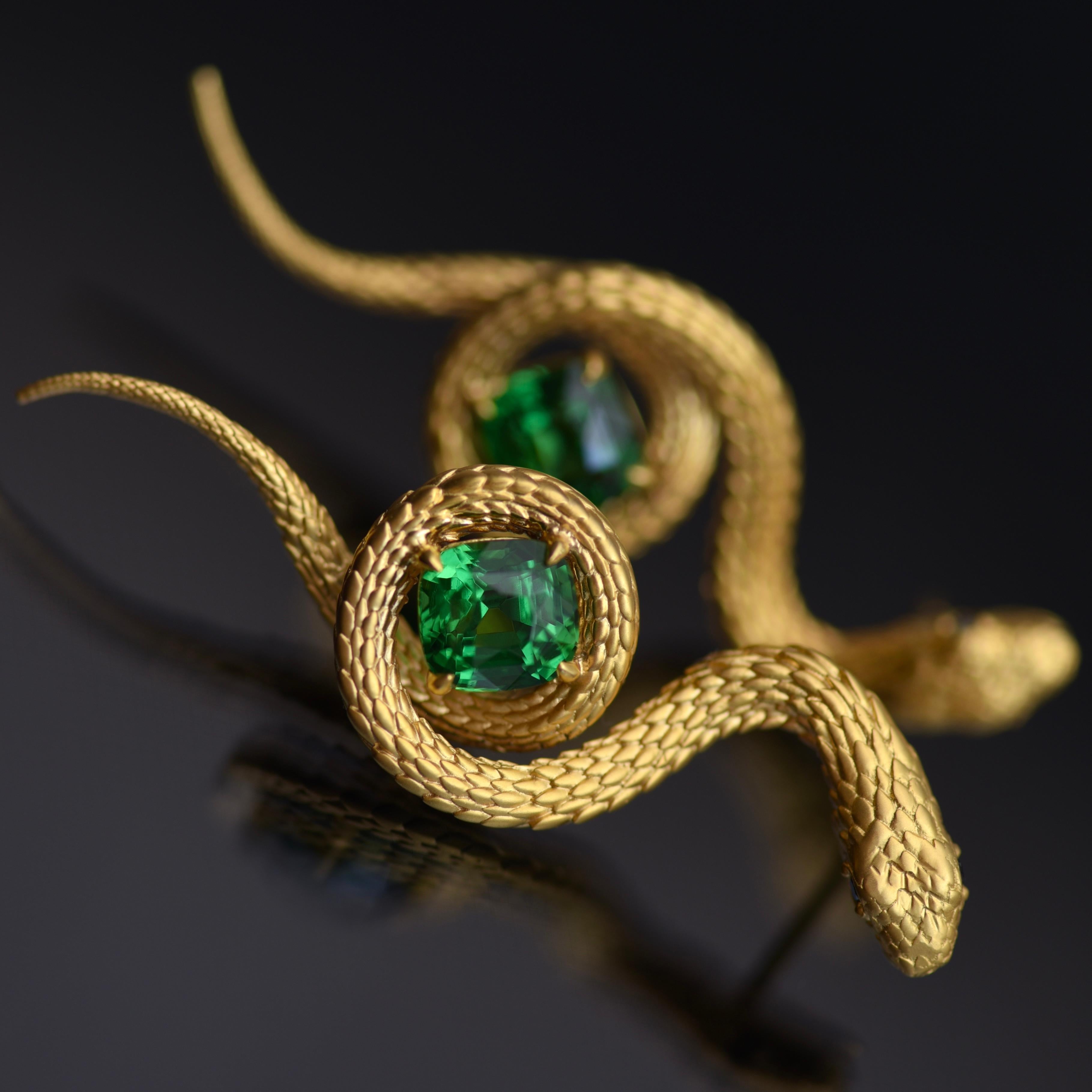 5, 34 Carat Vivid Green Tsavorite 18 Karat Yellow Golden Serpent Earrings by D&A 3