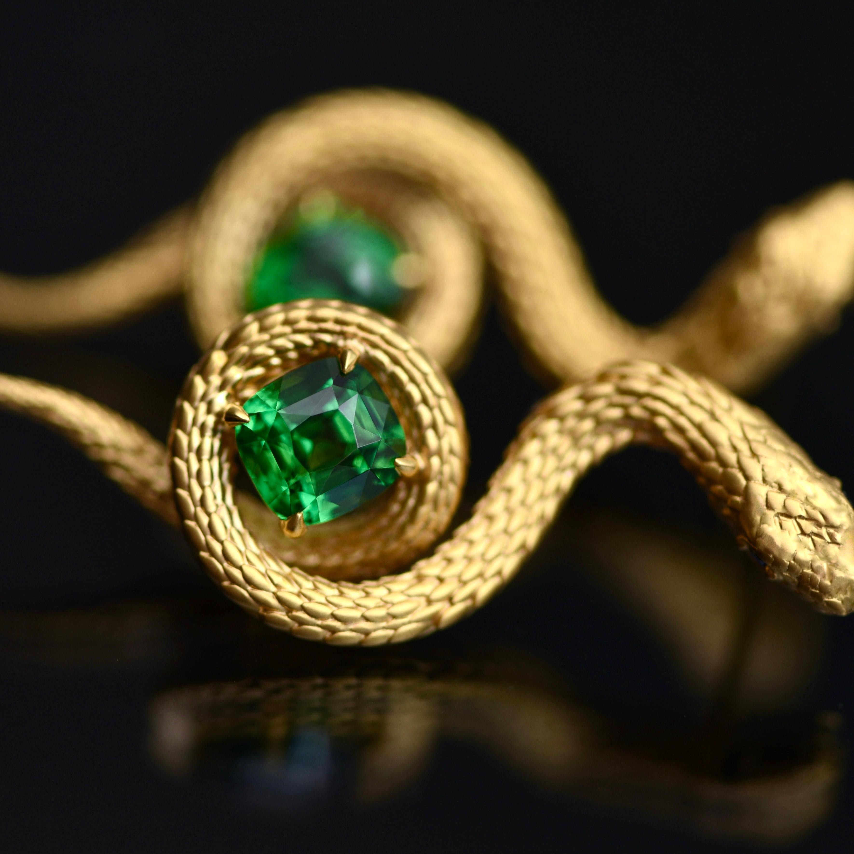 5, 34 Carat Vivid Green Tsavorite 18 Karat Yellow Golden Serpent Earrings by D&A 1