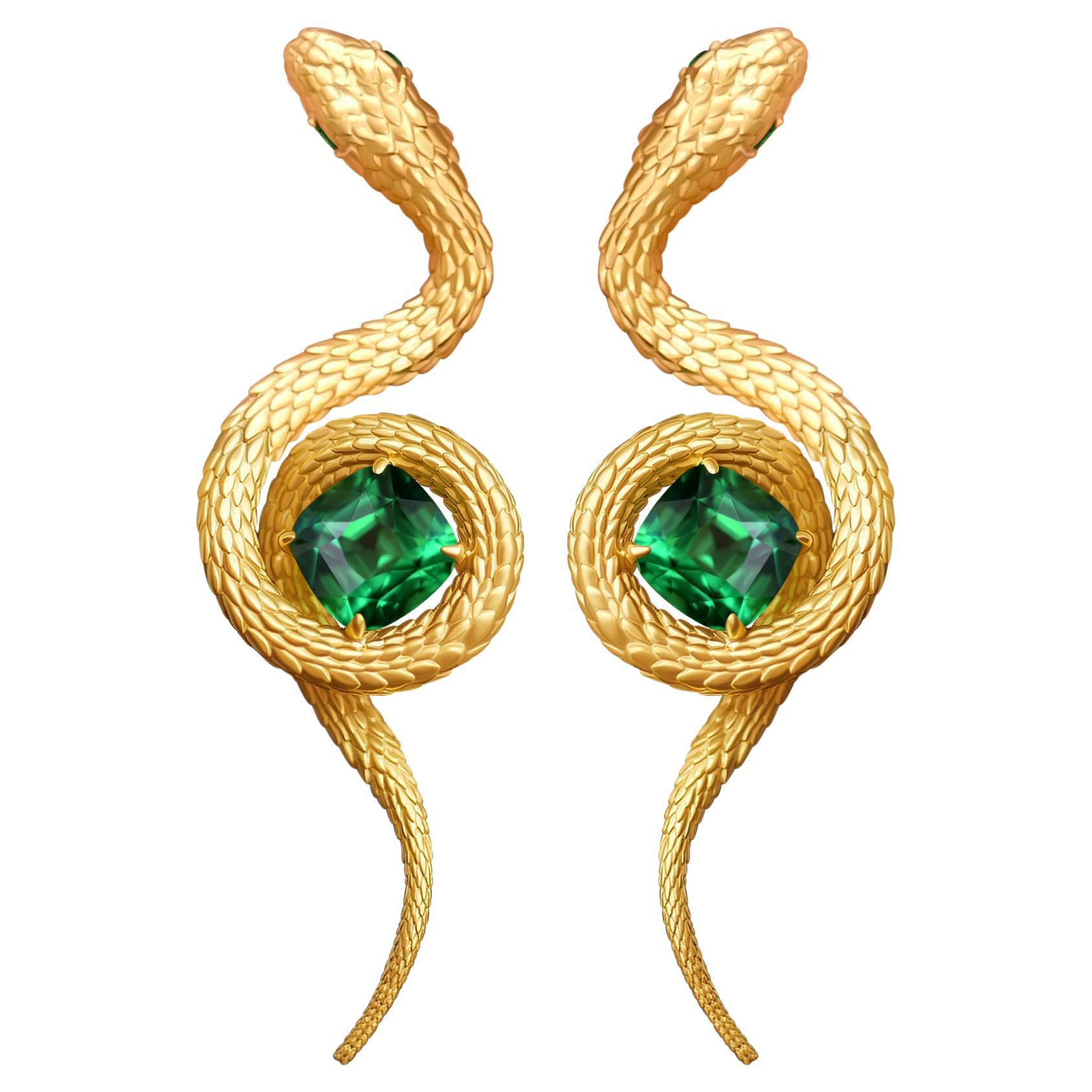 5, 34 Carat Vivid Green Tsavorite 18 Karat Yellow Golden Serpent Earrings by D&A