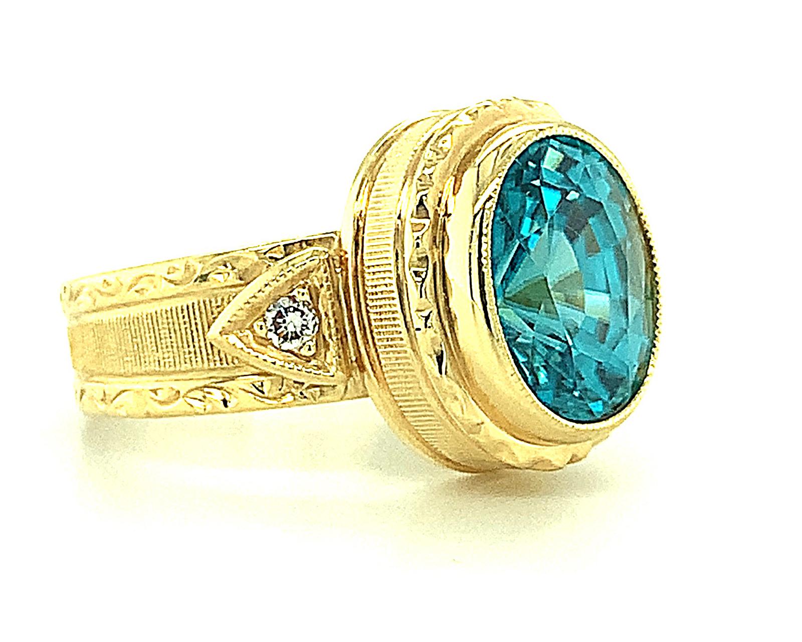 Artisan 5.34 ct. Blue Zircon, Diamond Yellow Gold Bezel Hand Engraved Signet Band Ring For Sale