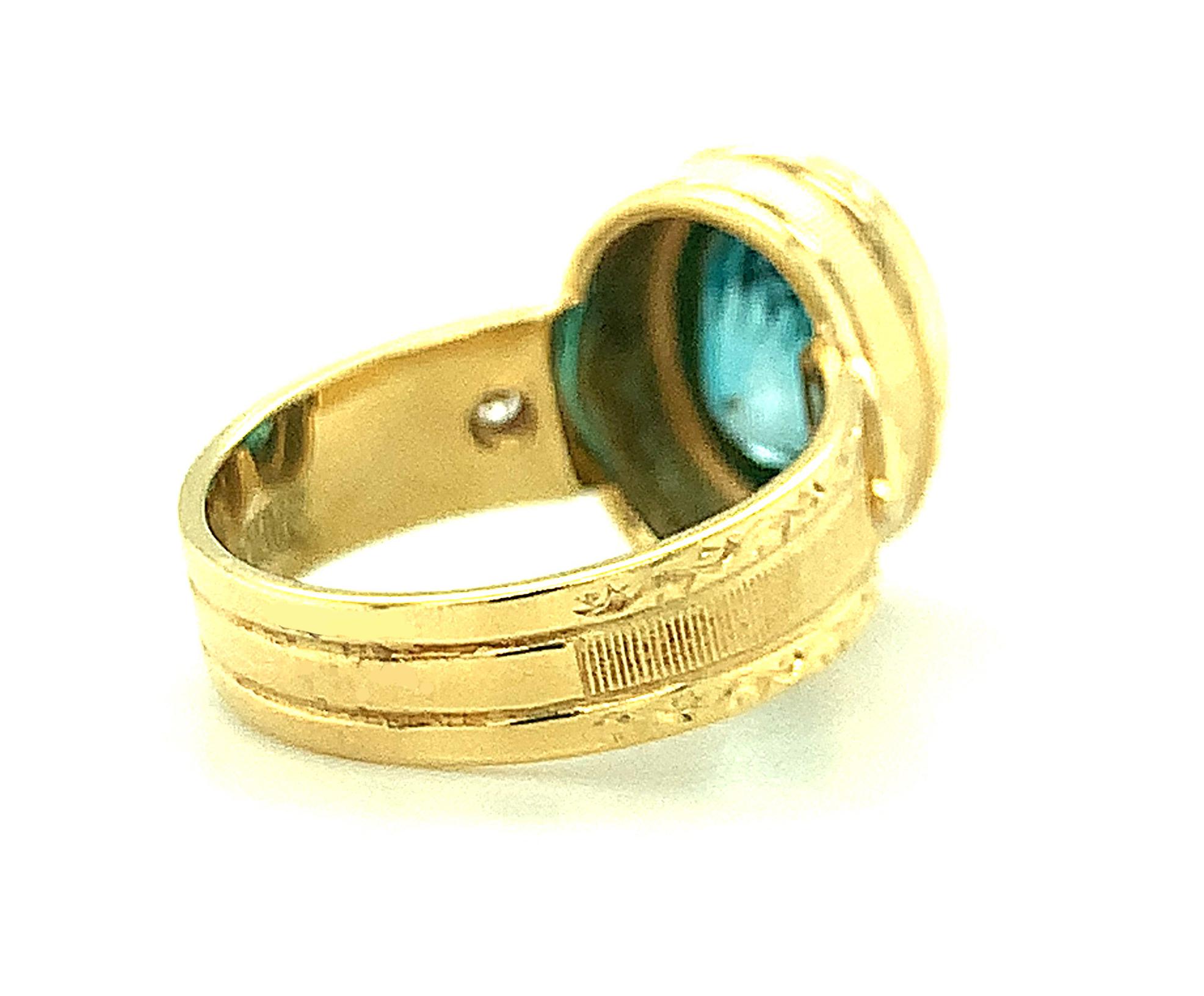 5.34 ct. Blue Zircon, Diamond Yellow Gold Bezel Hand Engraved Signet Band Ring In New Condition For Sale In Los Angeles, CA