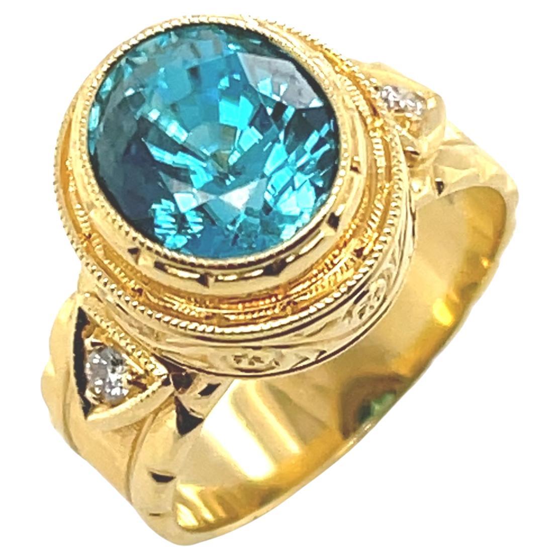 5.34 ct. Blue Zircon, Diamond Yellow Gold Bezel Hand Engraved Signet Band Ring