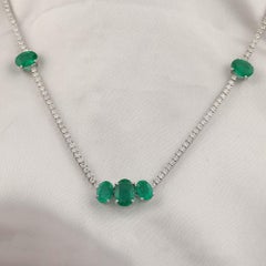 5.34 Ct Zambian Emerald Station 2.38 Ct Diamond Tennis Necklace 18k White Gold