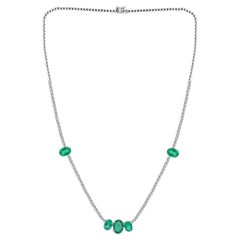 5.34 Ct Zambian Emerald Station 2.38 Ct Diamond Tennis Necklace 18k White Gold