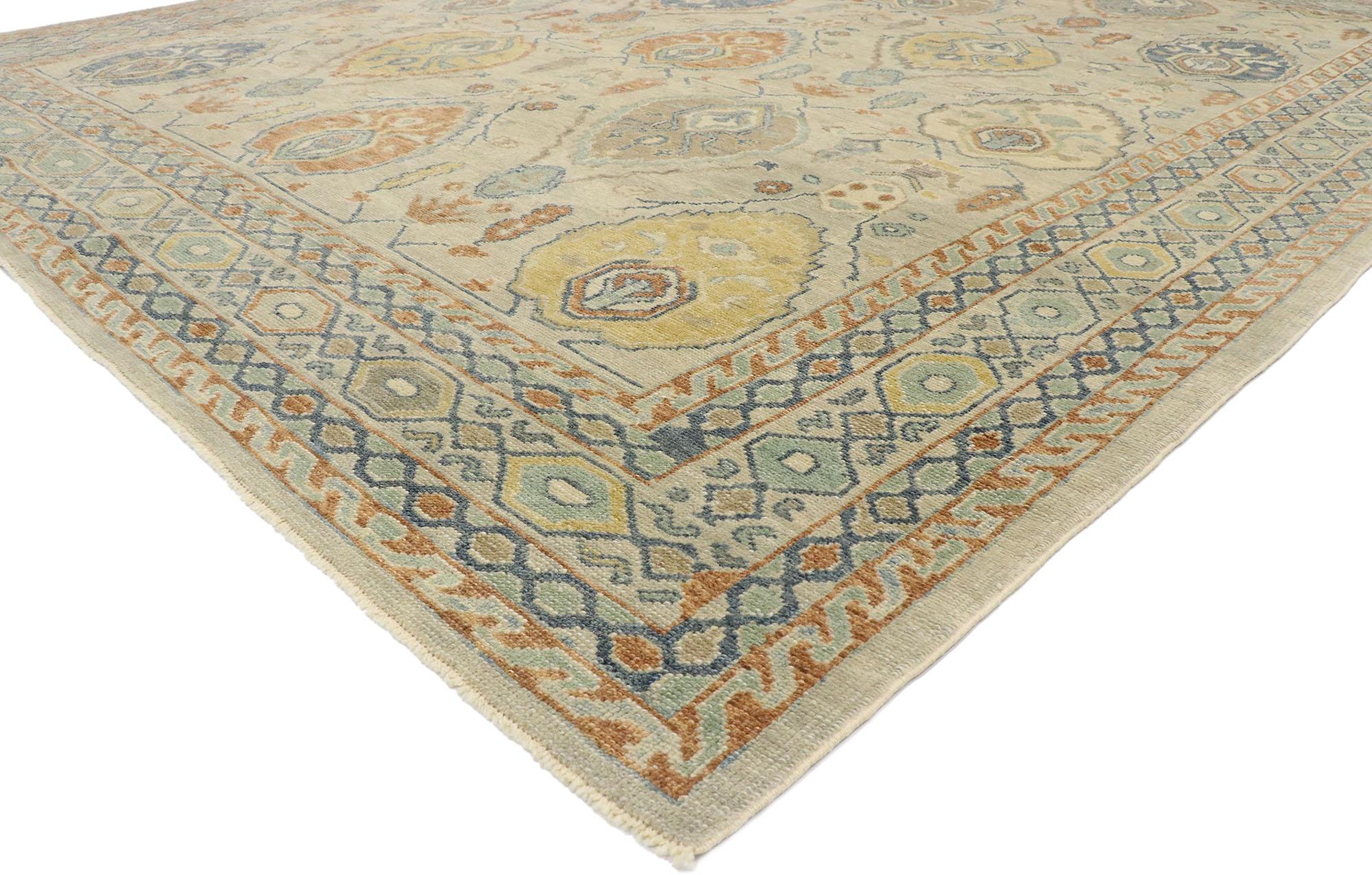 53410, New Contemporary Turkish Oushak Rug with Modern Transitional Style. Blending elements from the modern world with a coastal color palette, this hand knotted wool Turkish Oushak rug beautifully embodies a contemporary Martha's Vineyard style.