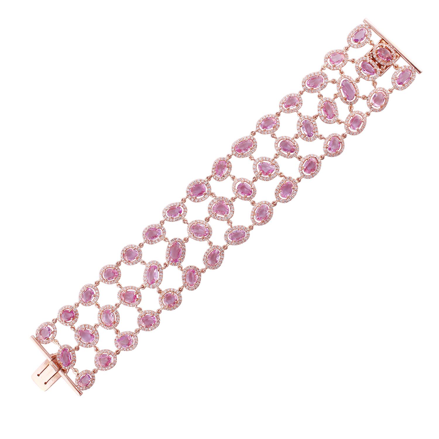 Modernist Pink Sapphire & Diamond  Bracelet in 18 Karat Gold For Sale