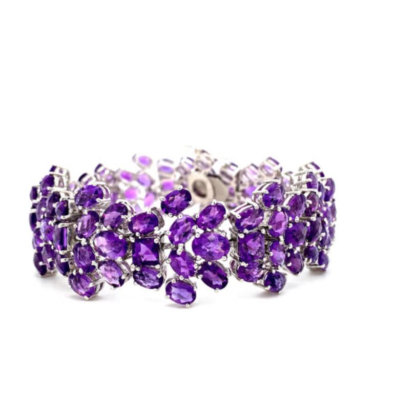 Beautifully handcrafted 53.46 Carat Statement Amethyst Wedding Bracelet, designed with love, including handpicked luxury gemstones for each designer piece. Grab the spotlight with this exquisitely crafted piece. Inlaid with natural amethyst