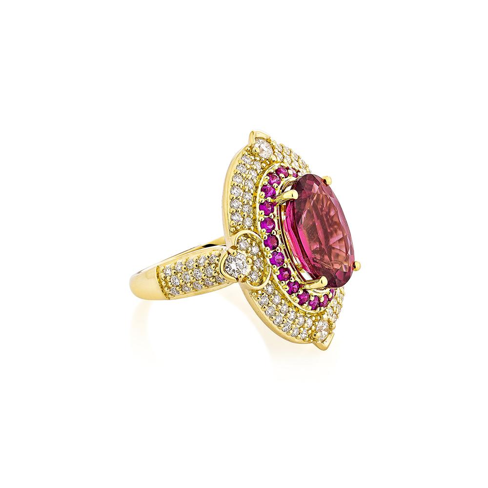 Sunita Nahata showcases an exquisite diamond studded Rubellite jewelry set that exudes grace and elegance. This exquisite 18Karat yellow gold set is ideal for any special occasion because it combines traditional elegance with modern flair.

Rubelite