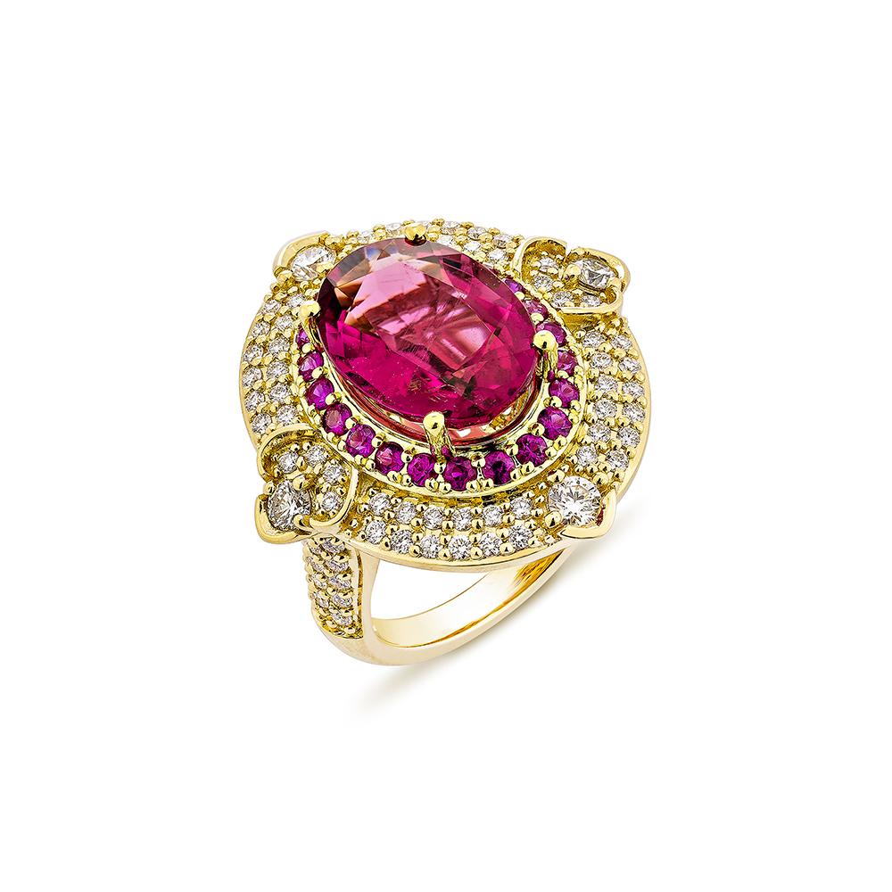 Contemporary 5.348 Carat Rubelite Fancy Ring in 18Karat Yellow Gold with Ruby and Diamond. For Sale