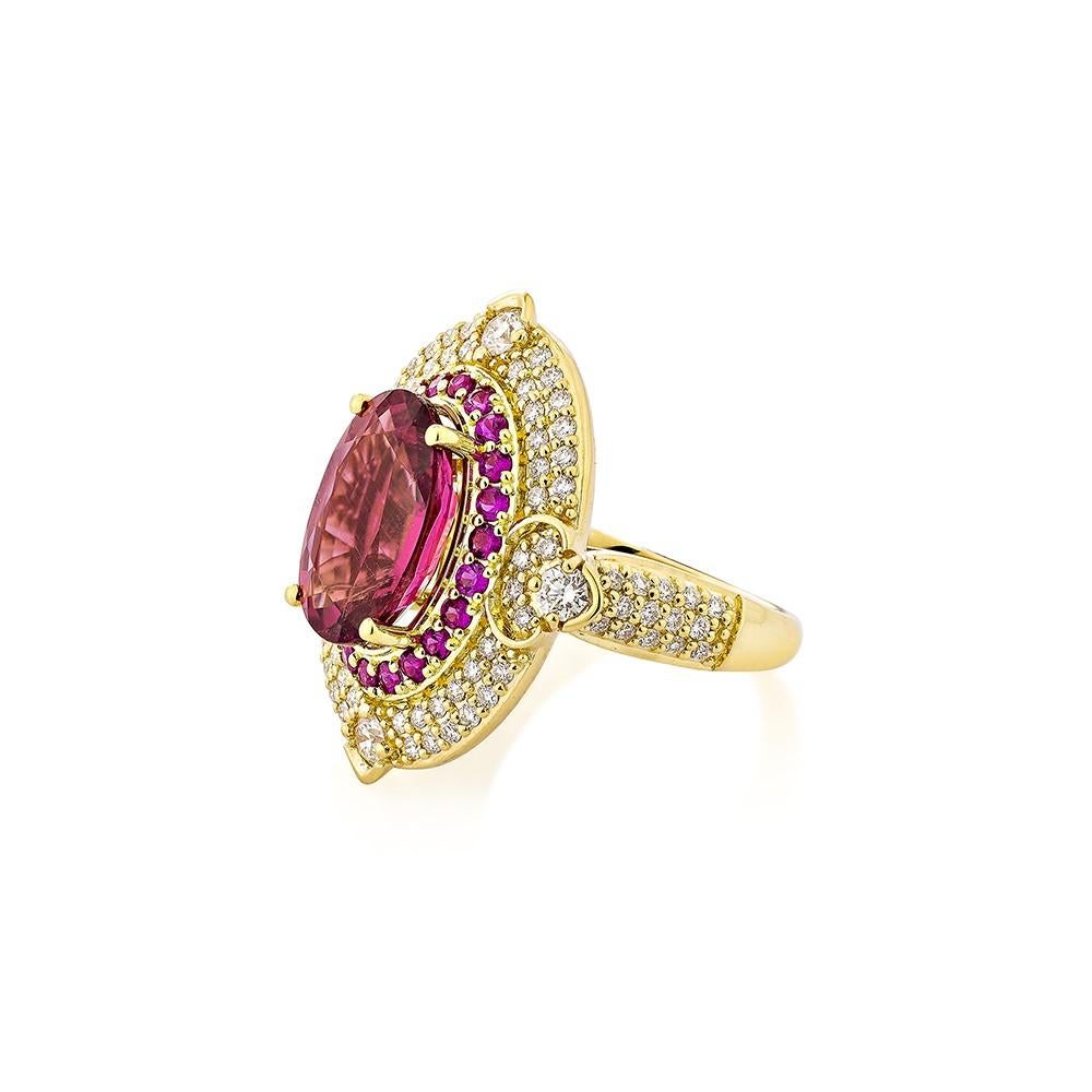 Oval Cut 5.348 Carat Rubelite Fancy Ring in 18Karat Yellow Gold with Ruby and Diamond. For Sale