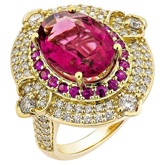 5.348 Carat Rubelite Fancy Ring in 18Karat Yellow Gold with Ruby and Diamond.