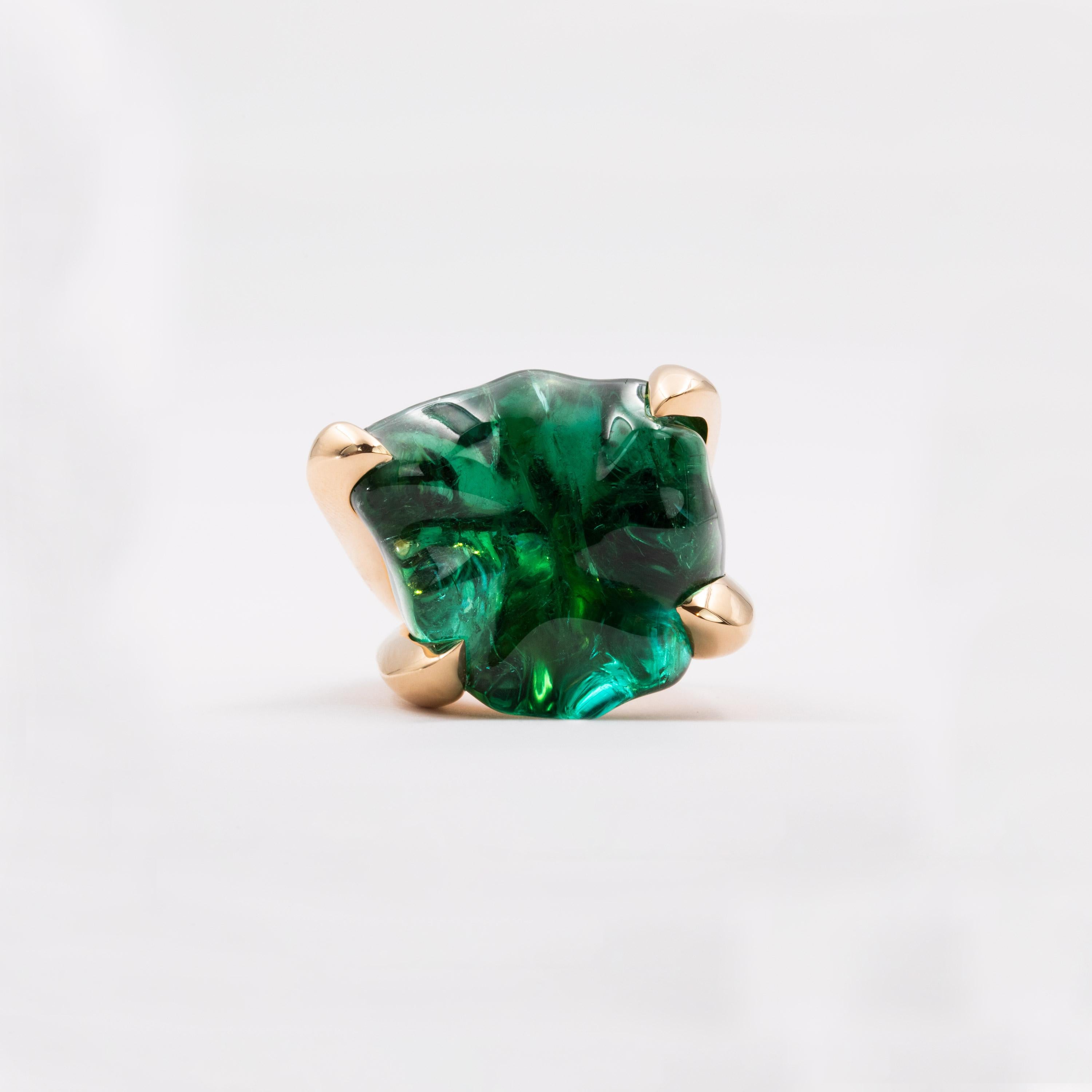 Old European Cut 53.49 Carat Pink Gold Baroque-Cut Green Tourmaline Cocktail Ring For Sale