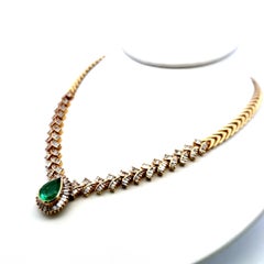 5.34ct Pear Emerald Necklace with 6.40ct J–I Diamonds in 14K Yellow Gold