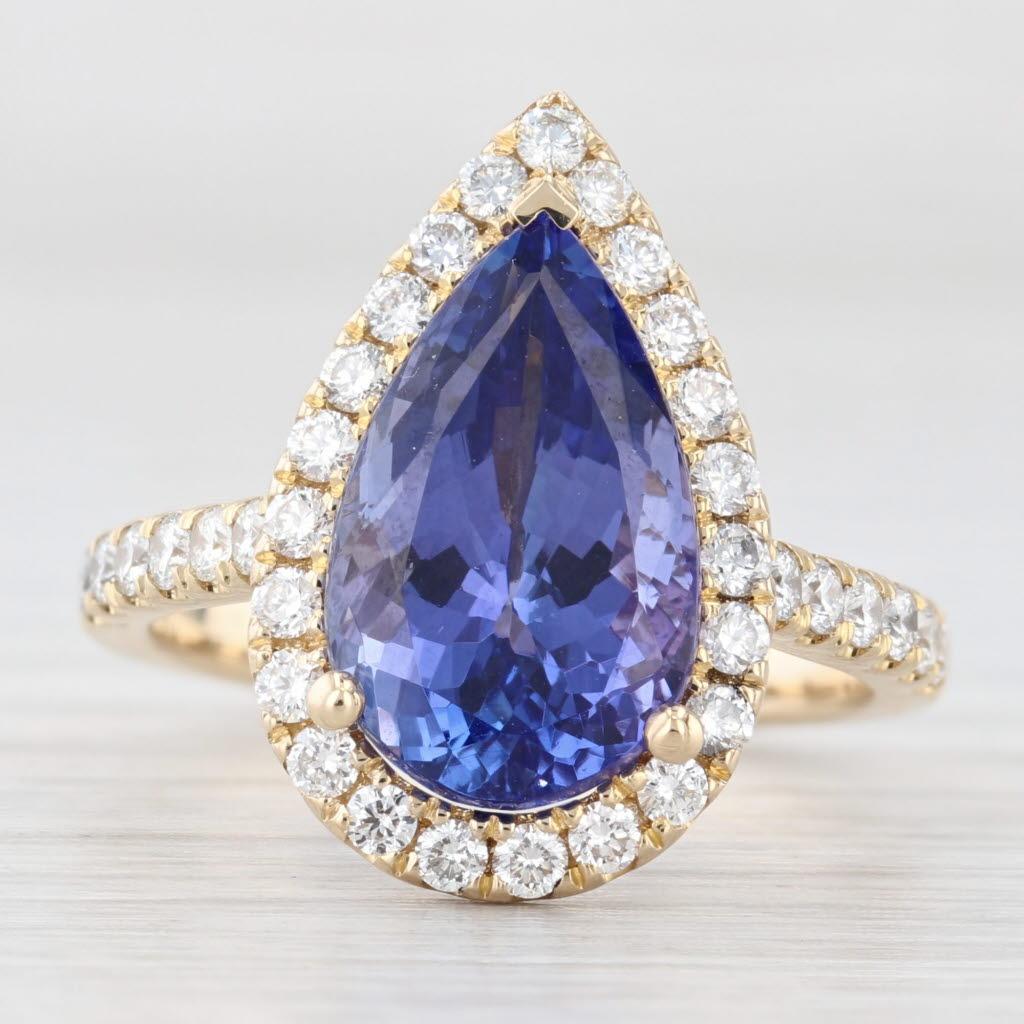 5.34ctw Pear Tanzanite Diamond Halo Ring 14k Gold Size 6.5 Teardrop Engagement Bon état - En vente à McLeansville, NC