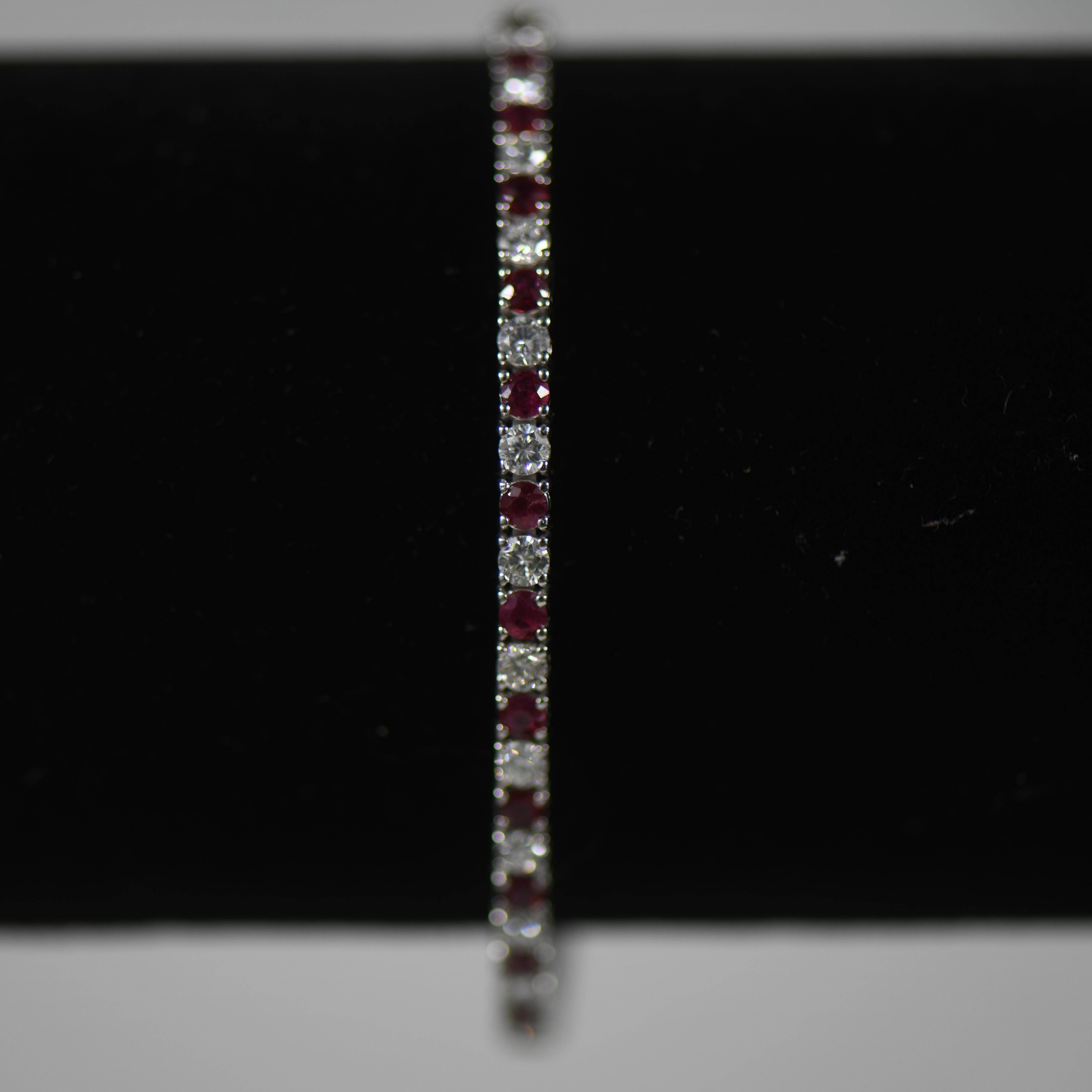5.34ctw Ruby & Diamond Tennis Straight Line Bracelet in 14k White Gold For Sale 4
