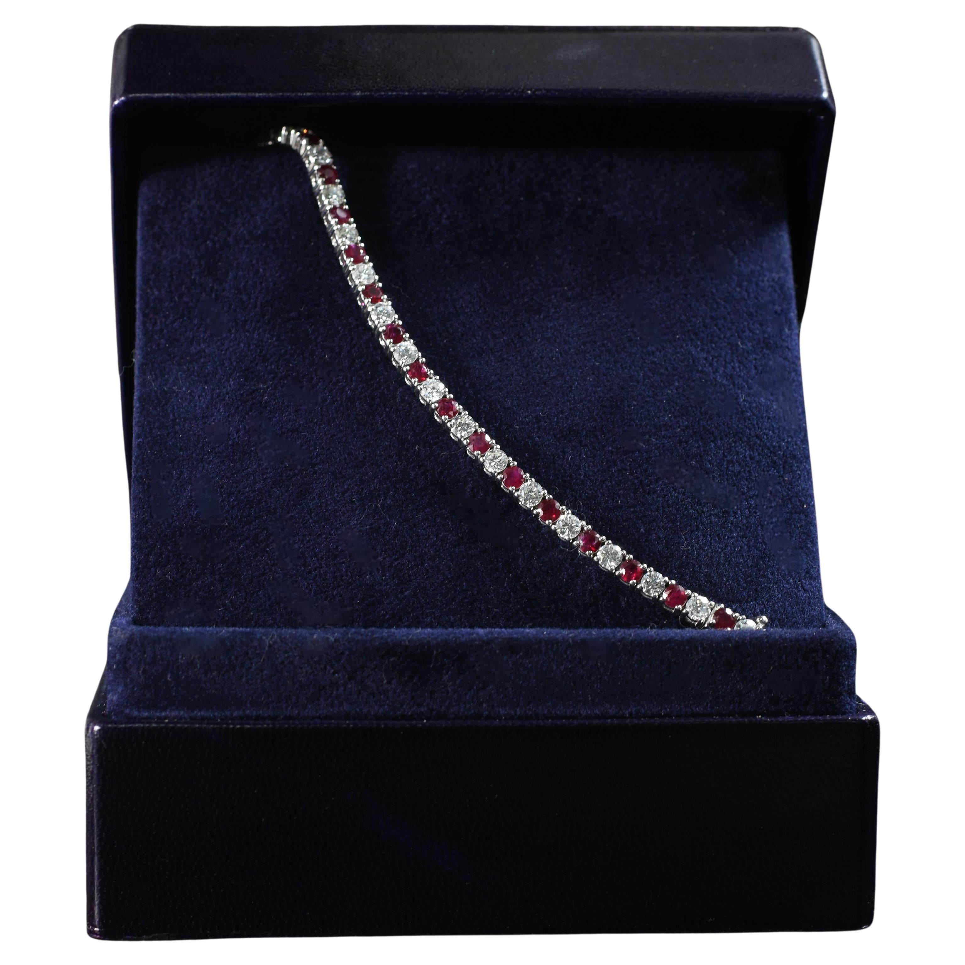 5.34ctw Ruby & Diamond Tennis Straight Line Bracelet in 14k White Gold For Sale