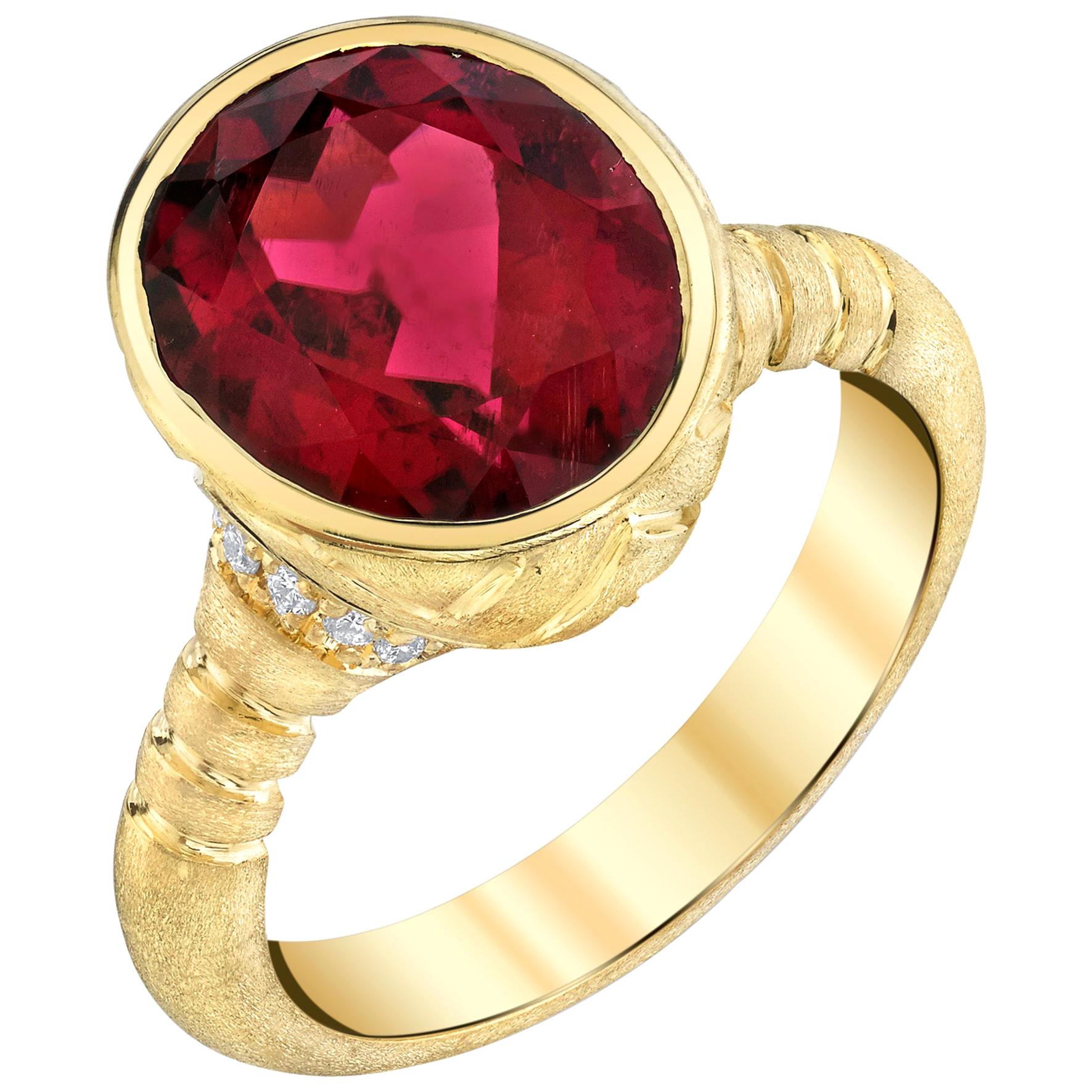 5.35 Carat Rubellite Tourmaline and Diamond Band Ring in 18k Yellow Gold  For Sale