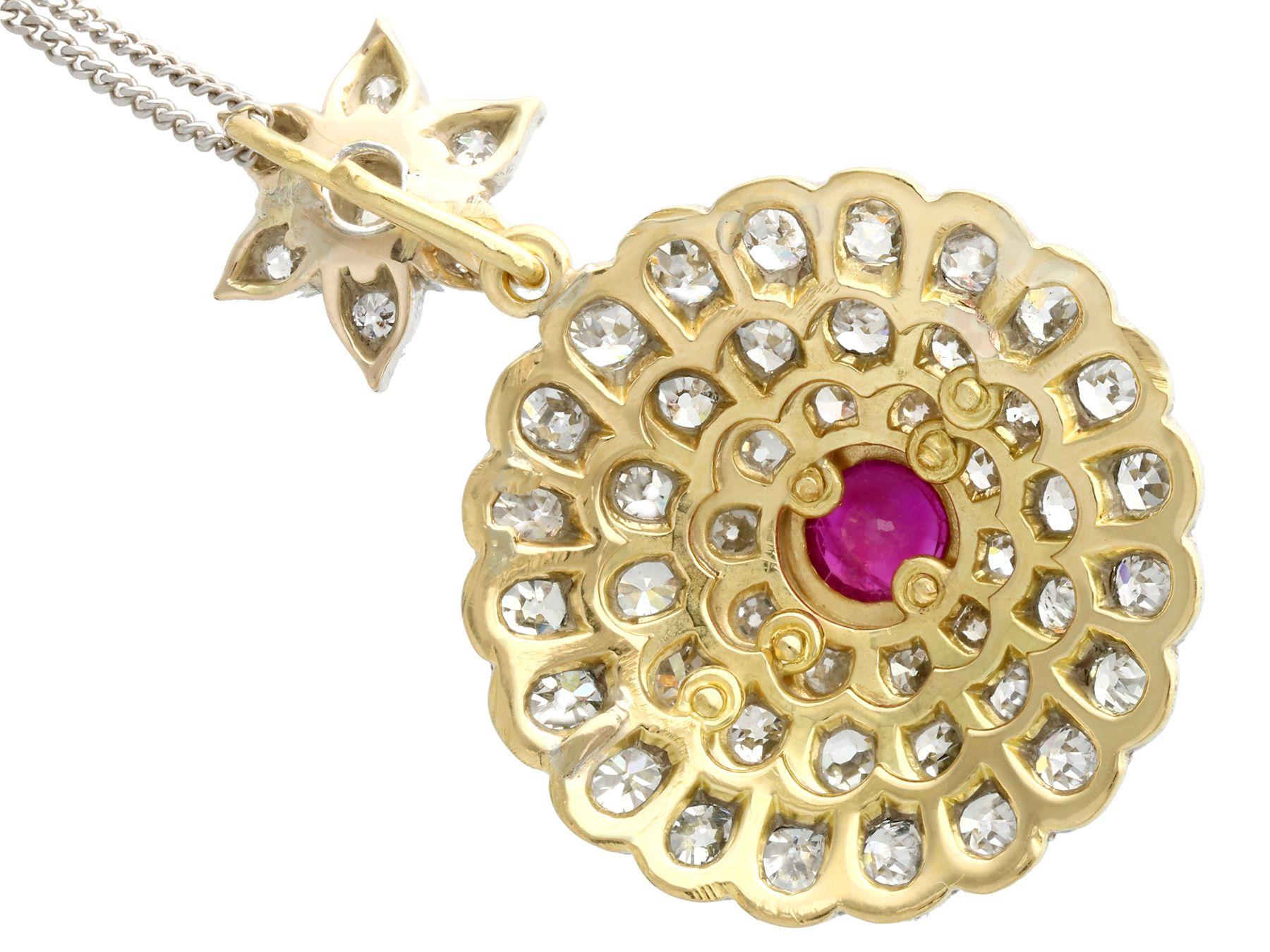 Women's Antique 5.35 Carat Diamond and 1.04 Carat Ruby Yellow Gold Pendant, Circa 1890
