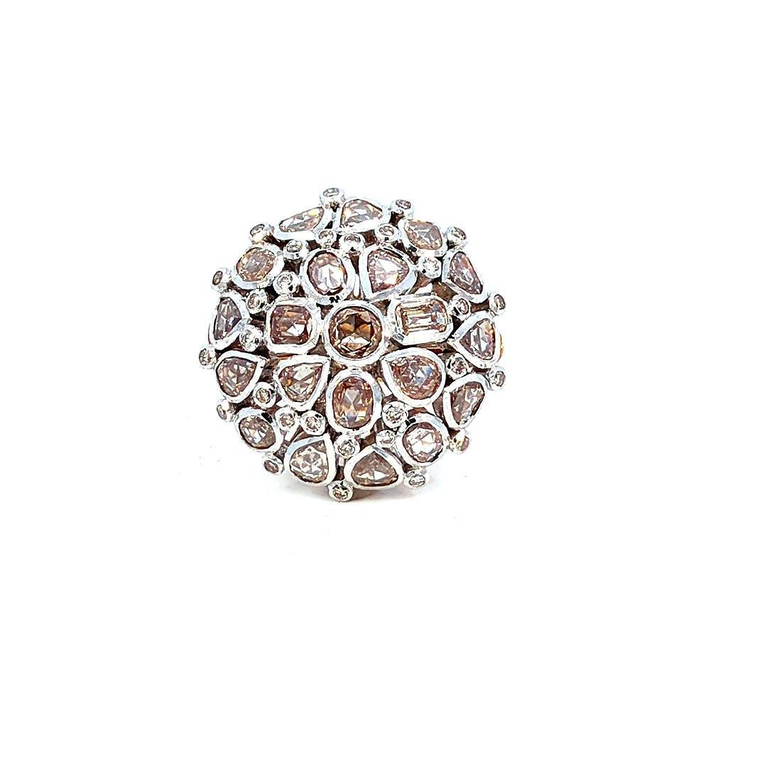 Découvrez le savoir-faire exquis de la bague à diamants Iris Fine Jewelry. Cette pièce luxueuse est ornée d'une étonnante série de diamants taillés en rose, totalisant 5,35 carats. Les diamants, avec leur teinte blanche et leur pureté VS2, créent un