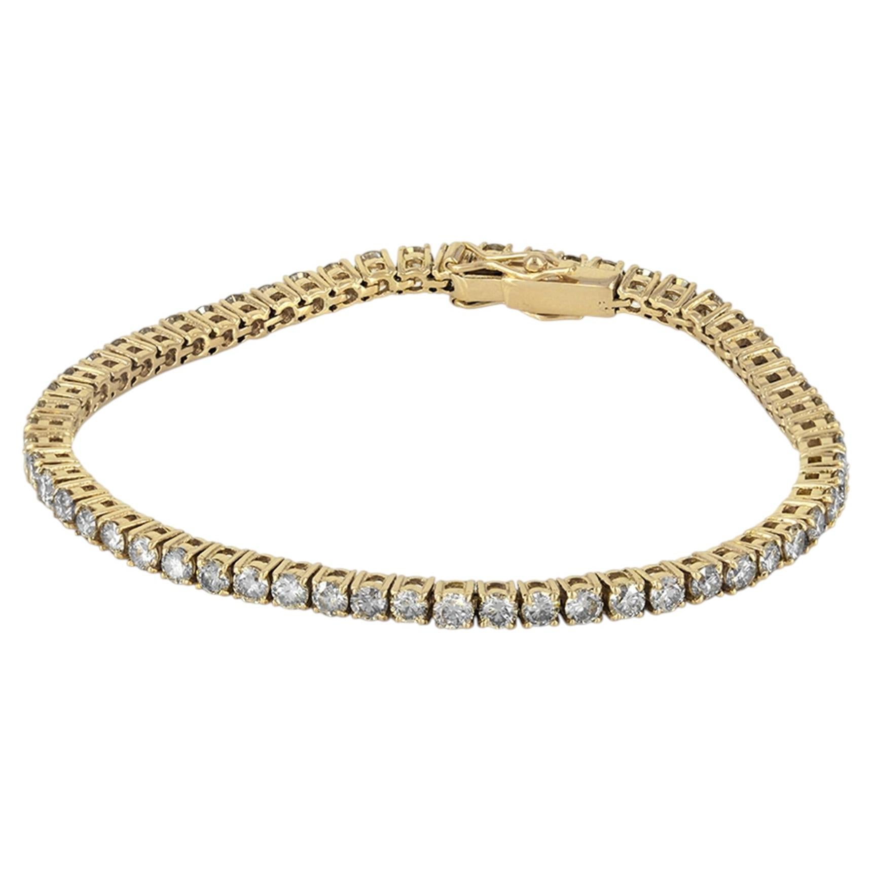 Bracelet de tennis en or jaune 14k massif 5.35 Carat Diamond Round Brilliant Cut en vente