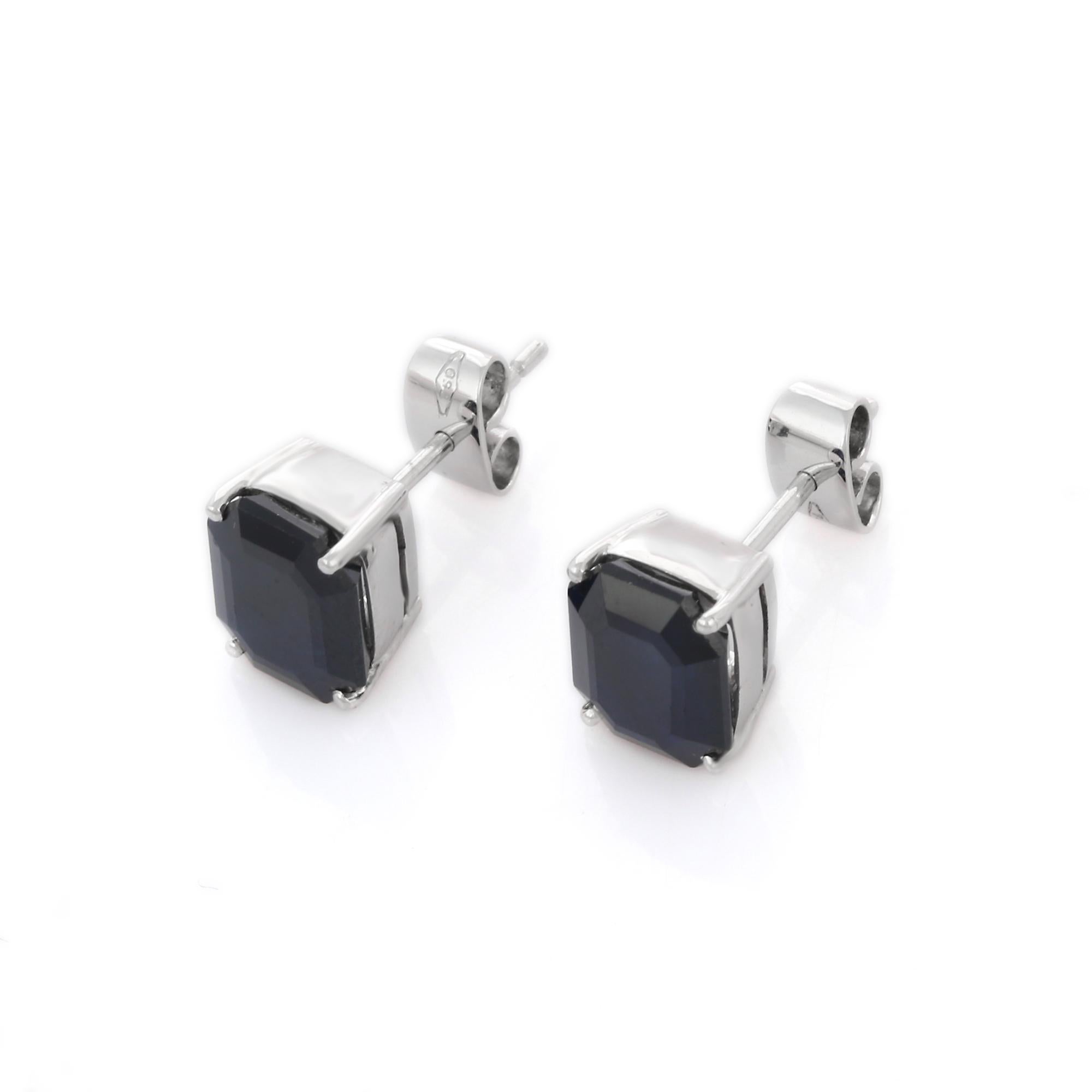Studs create a subtle beauty while showcasing the colors of the natural precious gemstones making a statement.
Octagon cut blue sapphire studs in 18K gold. Embrace your look with these stunning pair of earrings suitable for any occasion to complete
