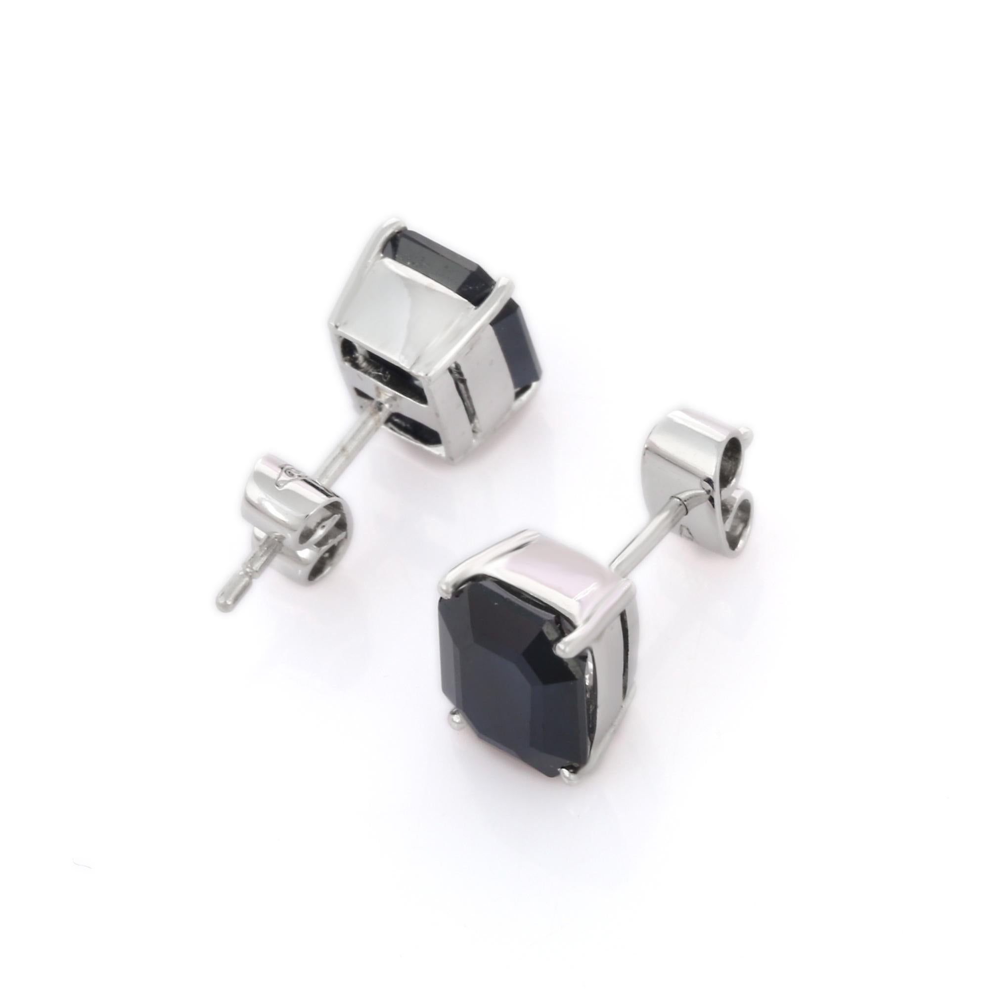 Art Deco Octagon Cut 5.35 Carat Natural Blue Sapphire Stud Earrings in 18K White Gold For Sale