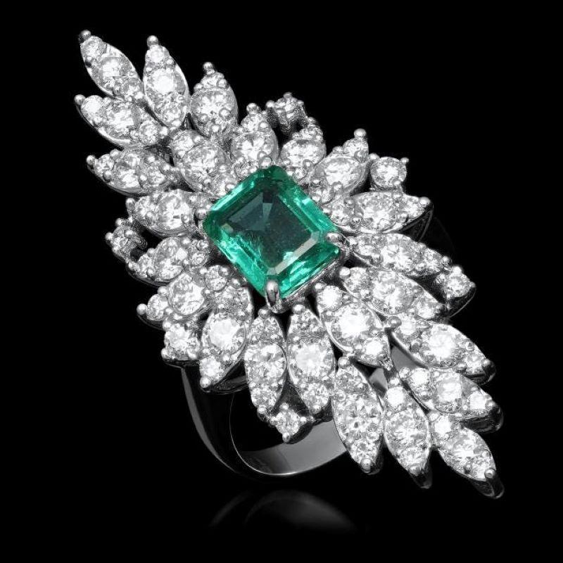 Mixed Cut 5.35 Carat Natural Emerald & Diamond 14k Solid White Gold Ring For Sale