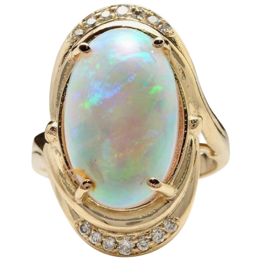 5.35 Carat Natural Ethiopian Opal and Diamond 14 Karat Solid Yellow Gold Ring For Sale