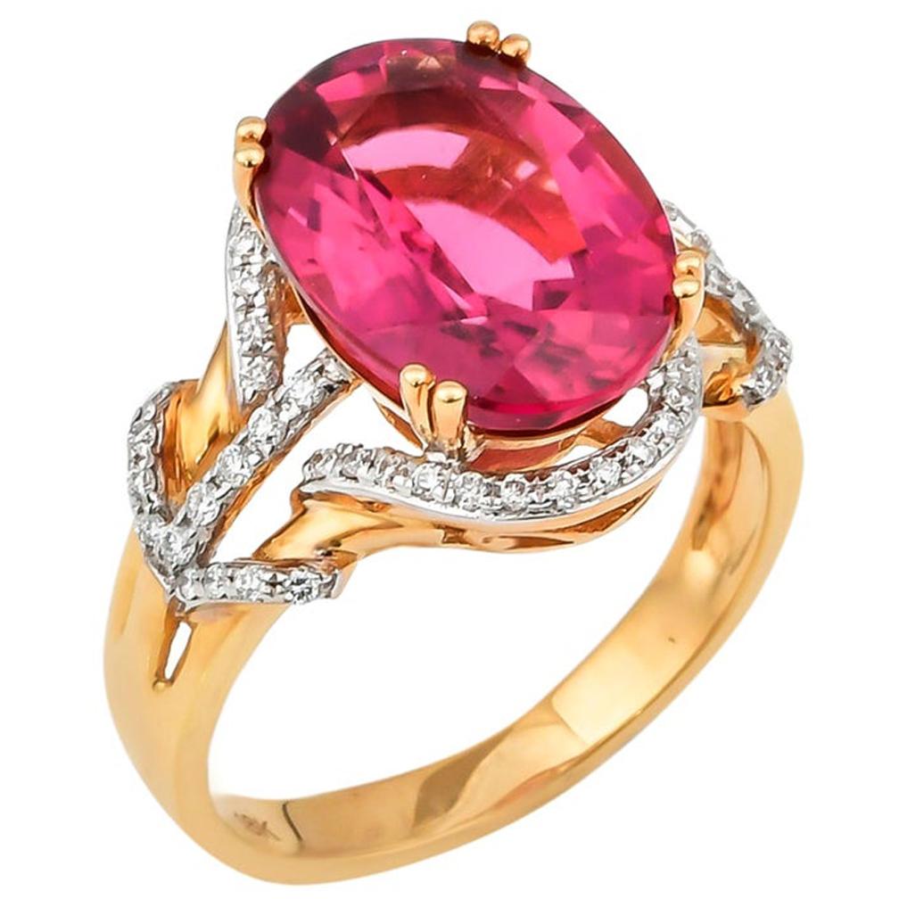 5.35 Carat Oval Shaped Rubelite Ring in 18 Karat Yellow Gold with Diamonds For Sale