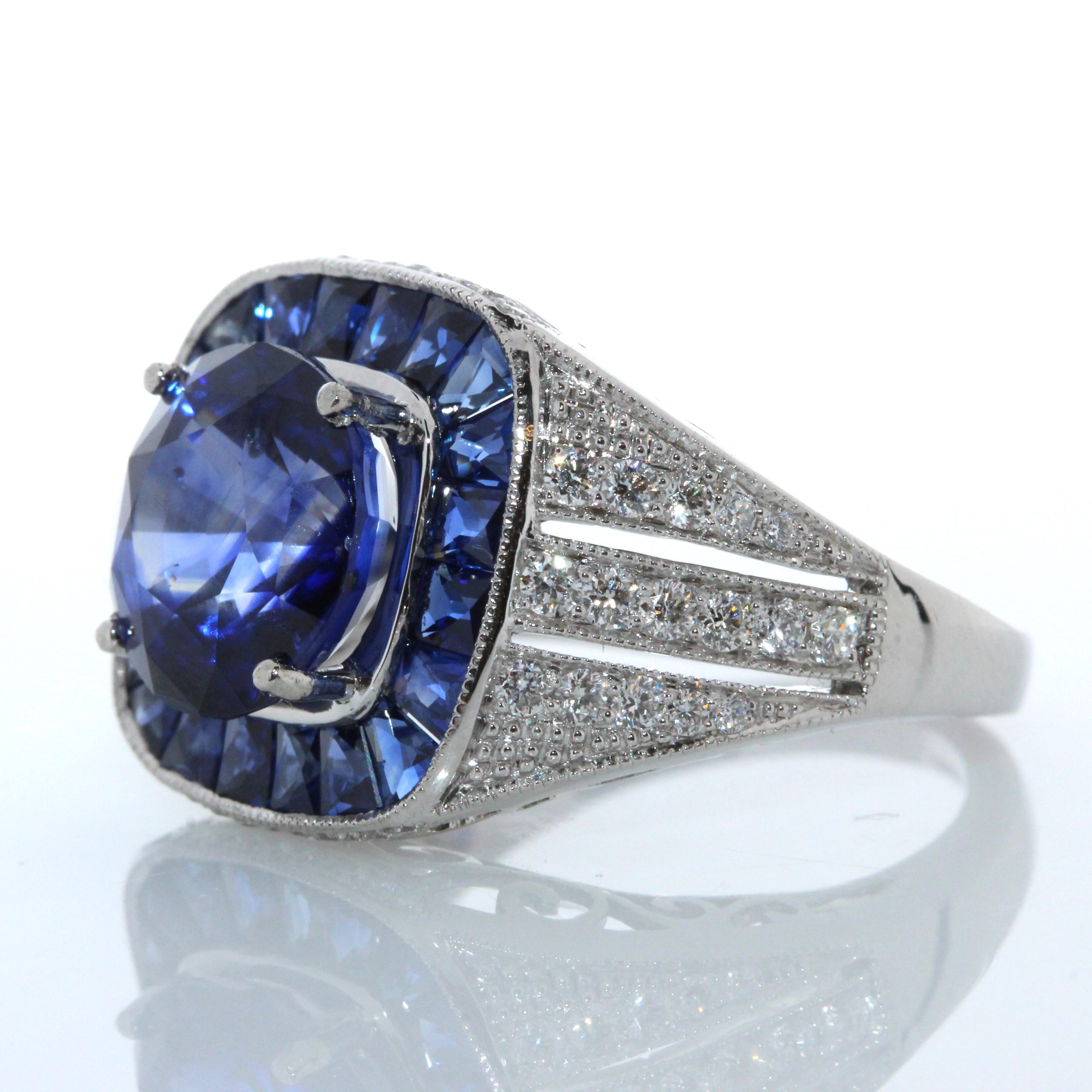 Cushion Cut 5.35 Carat Sapphire Round Cut & Diamond Fashion Ring in Platinum For Sale