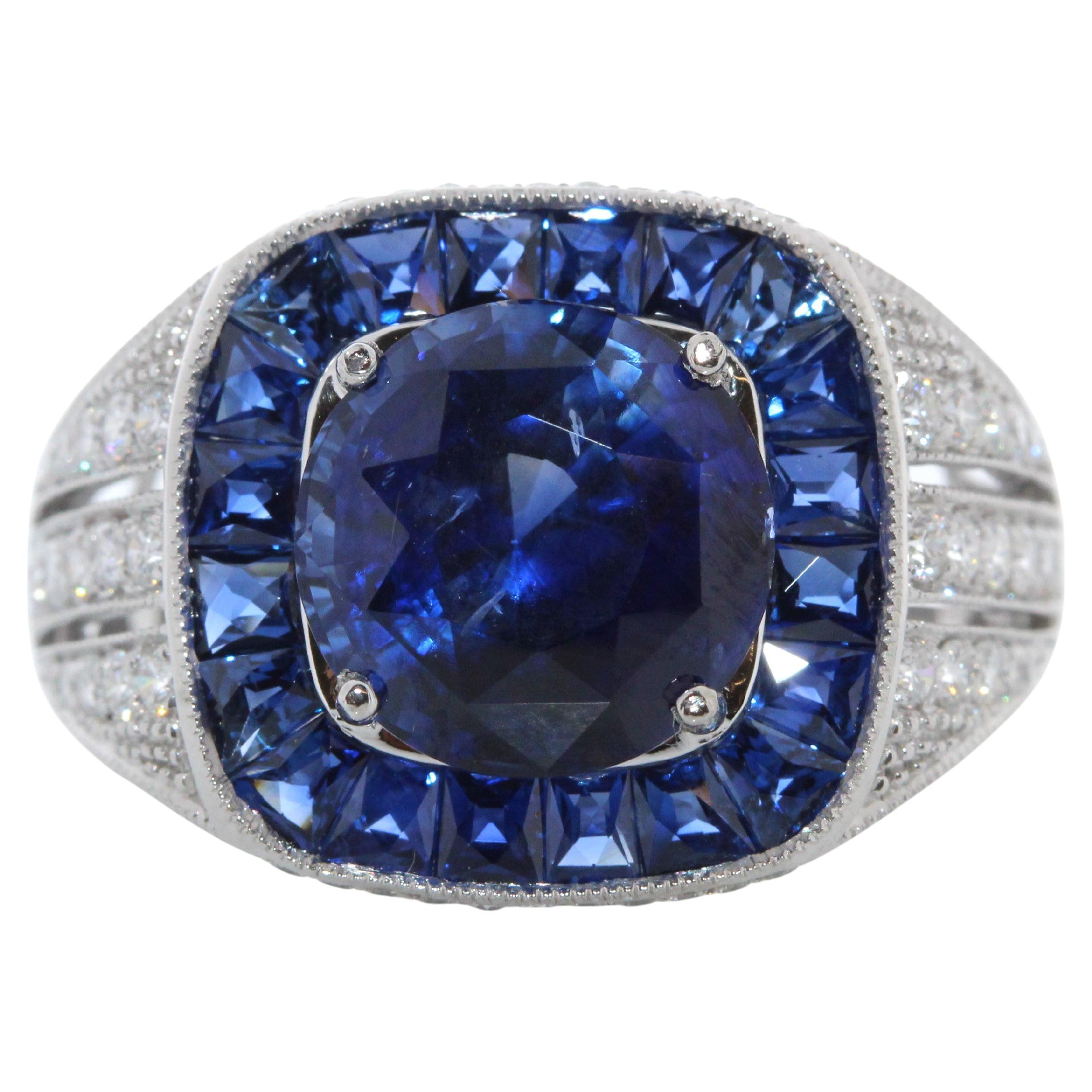5.35 Carat Sapphire Round Cut & Diamond Fashion Ring in Platinum For Sale