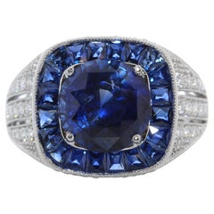 5.35 Carat Saphir Round Cut & Diamond Fashion Ring In Platinum