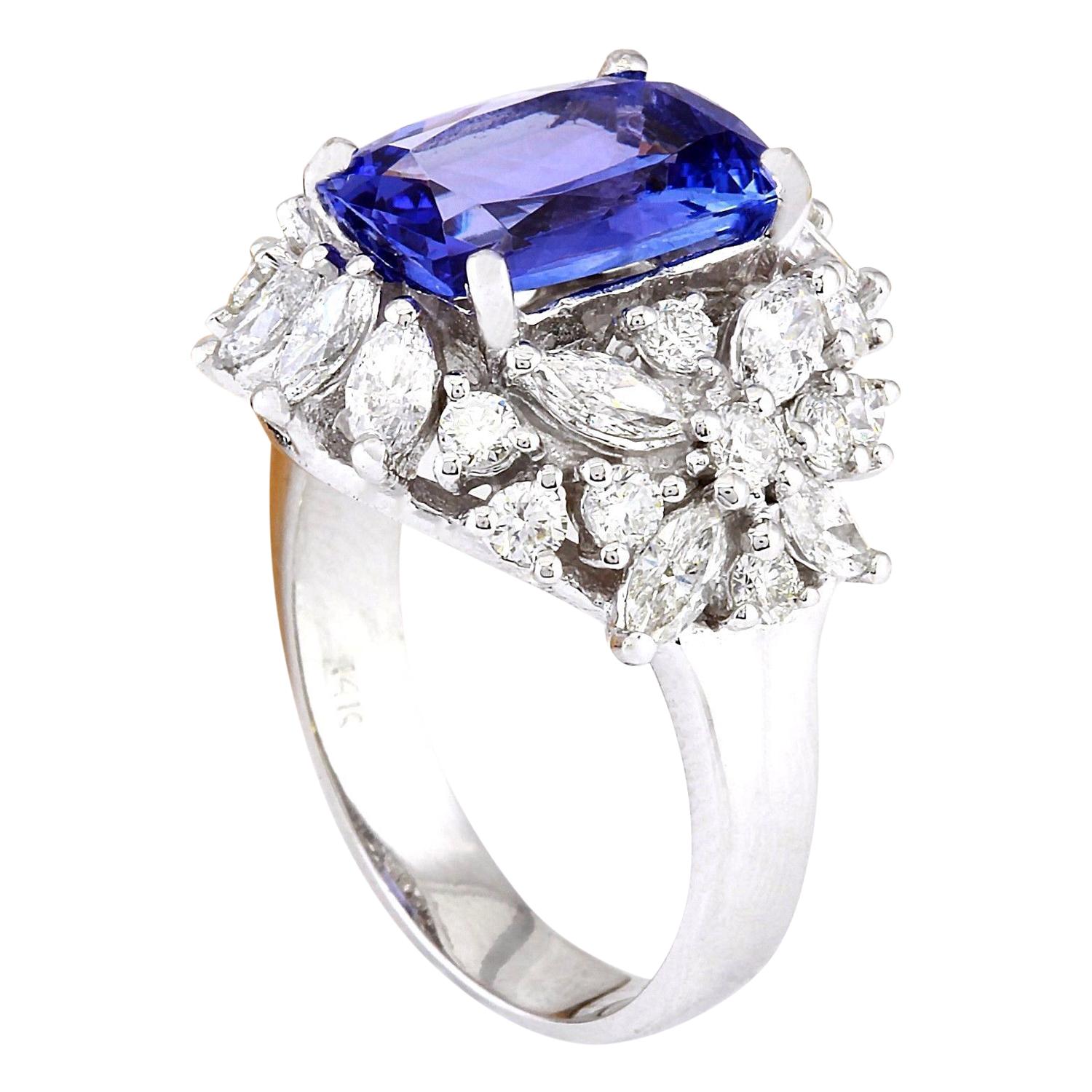 Cushion Cut Exquisite Tanzanite Diamond Ring In 14 Karat Solid White Gold  For Sale