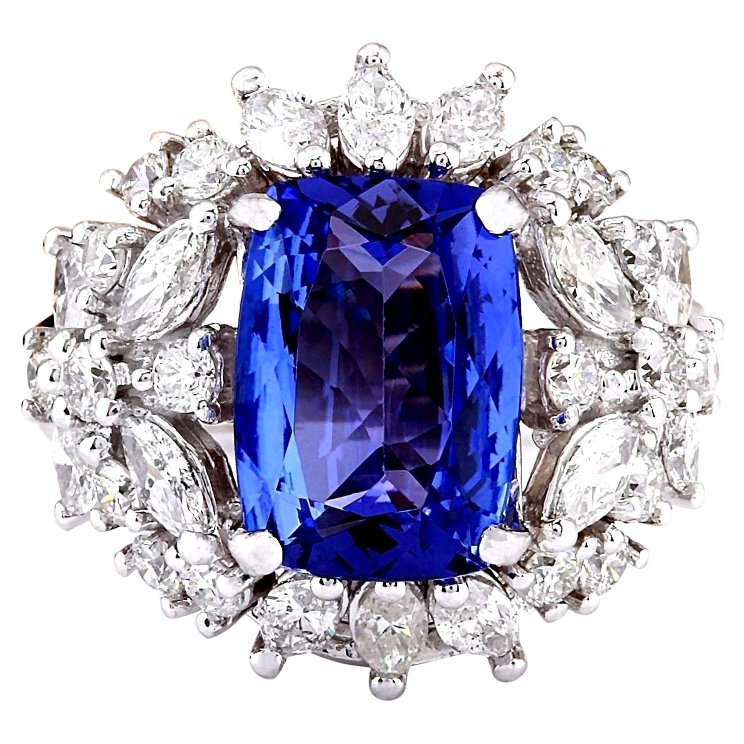 Bague exquise en or blanc massif 14 carats avec tanzanite et diamants 