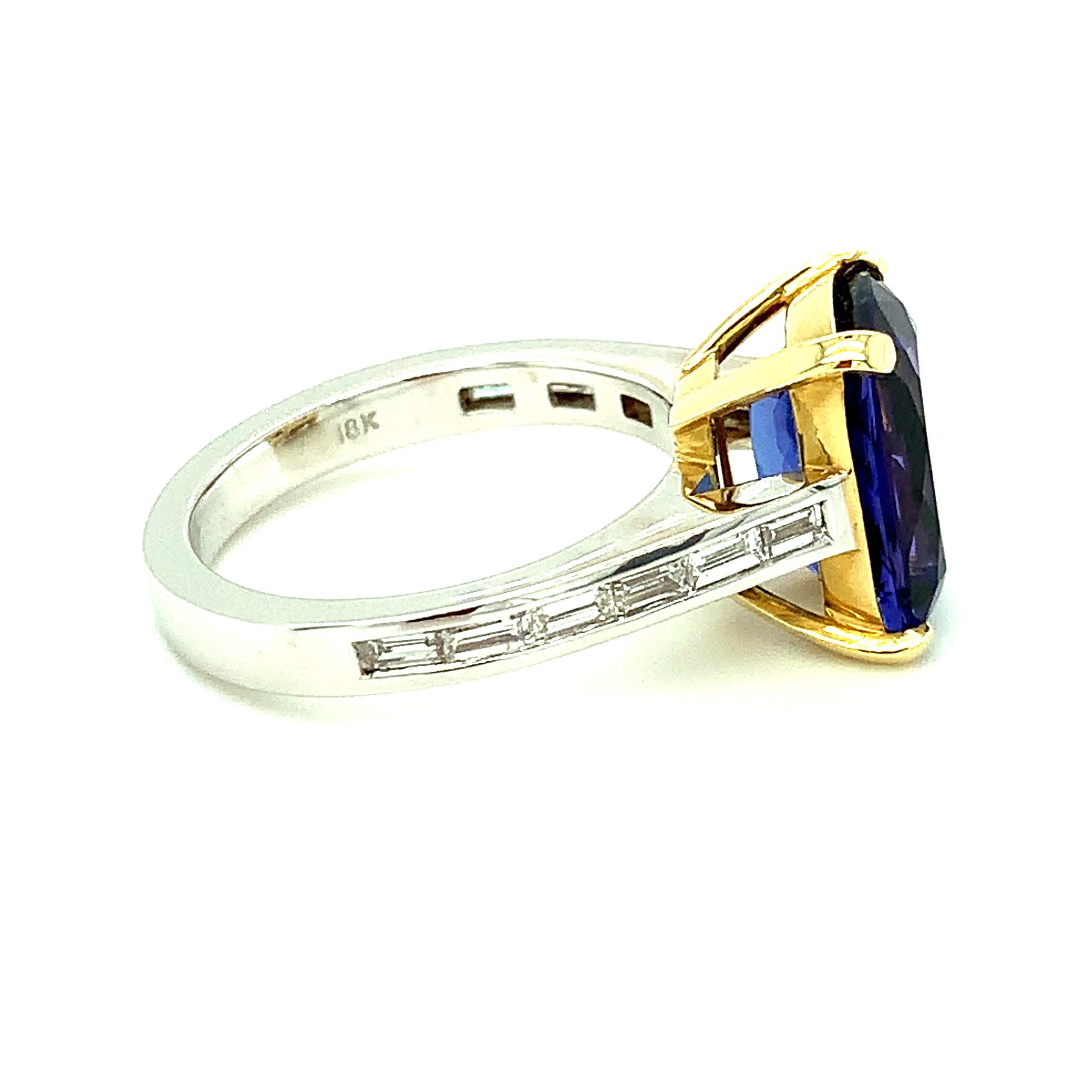 Artisan Tanzanite and Diamond Baguette Engagement Ring in 18k Gold, 5.35 Carats  For Sale