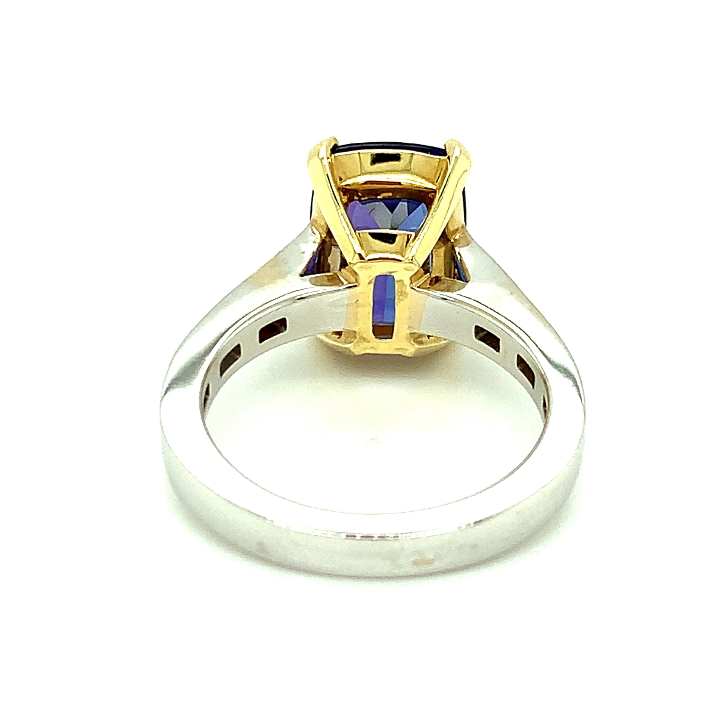 Cushion Cut Tanzanite and Diamond Baguette Engagement Ring in 18k Gold, 5.35 Carats  For Sale