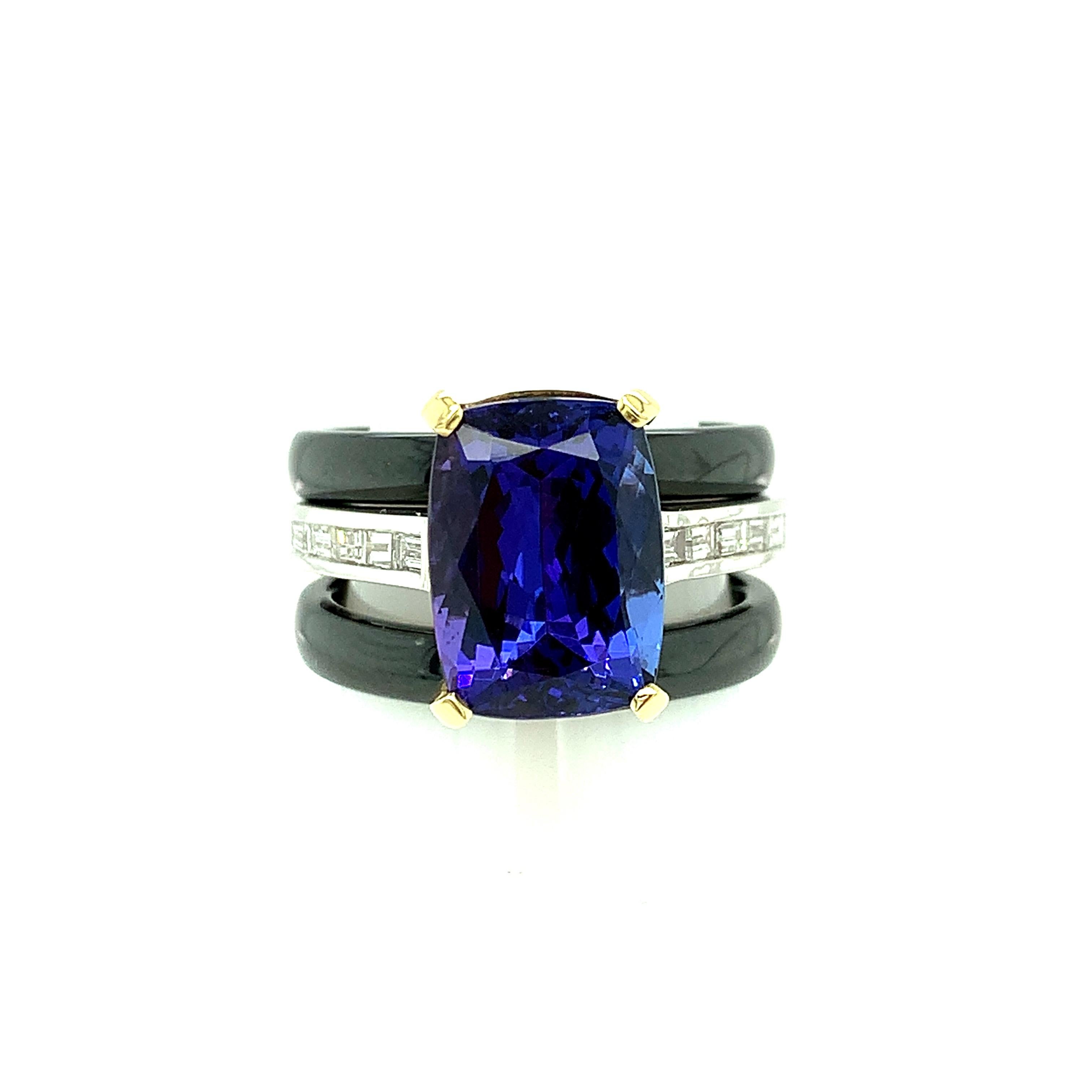 Women's Tanzanite and Diamond Baguette Engagement Ring in 18k Gold, 5.35 Carats For Sale