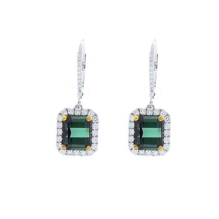 5.35 Carat Total Emerald Cut Tourmaline And Diamond Earrings In 14K ...