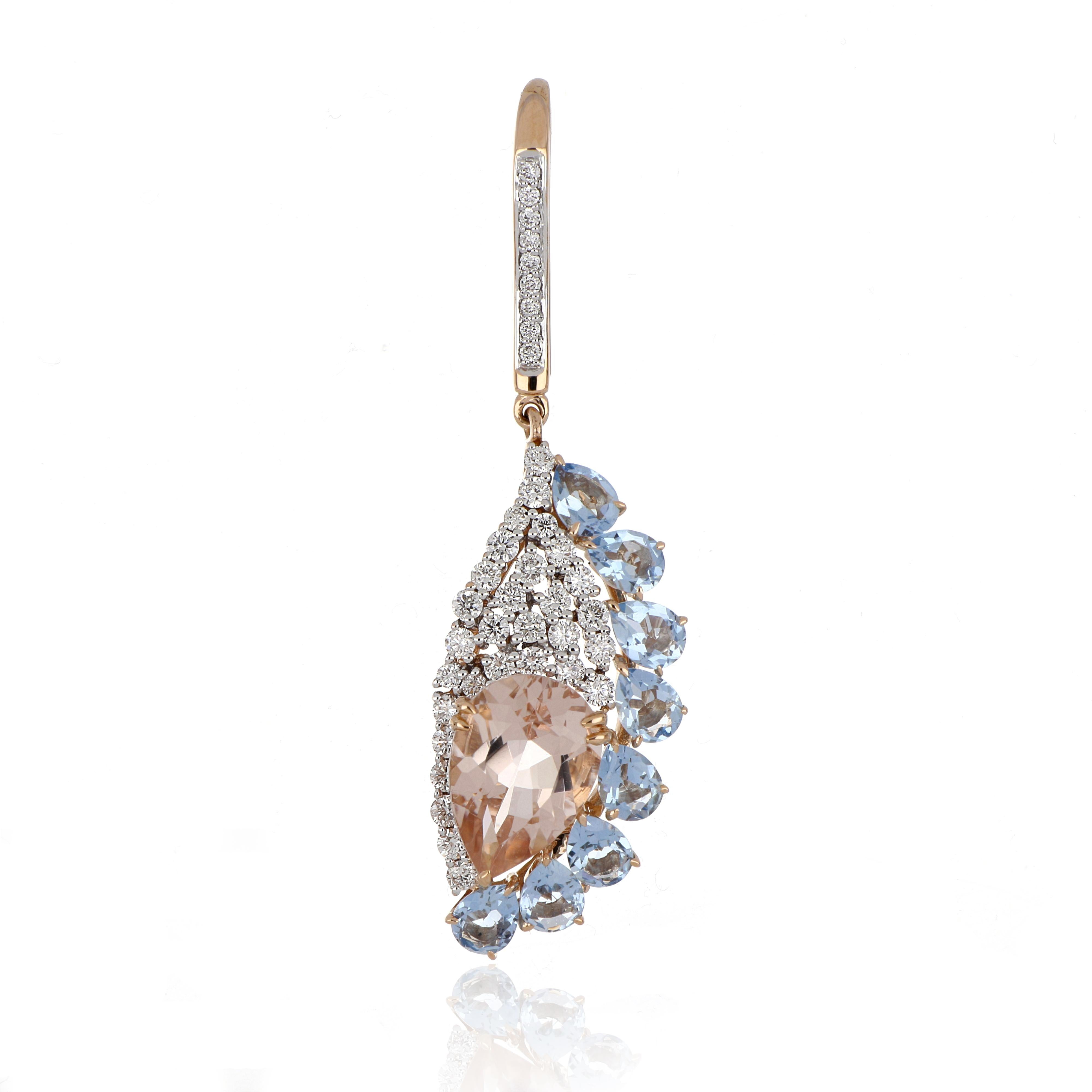Pear Cut 5.35 Carat Total Morganite and Aquamarine Earring with Diamonds in 18 Karat Gold For Sale