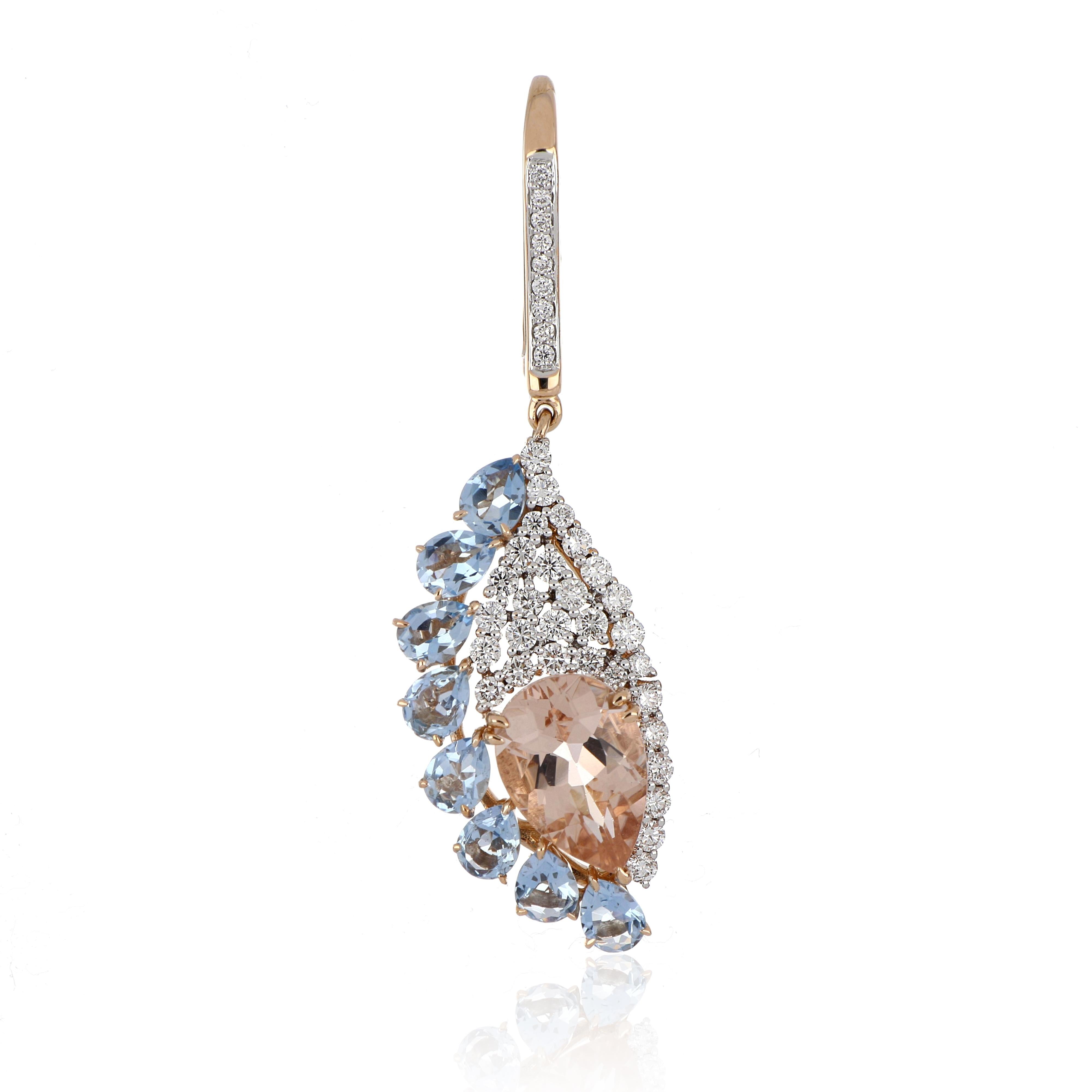 5.35 Carat Total Morganite and Aquamarine Earring with Diamonds in 18 Karat Gold In New Condition For Sale In JAIPUR, IN