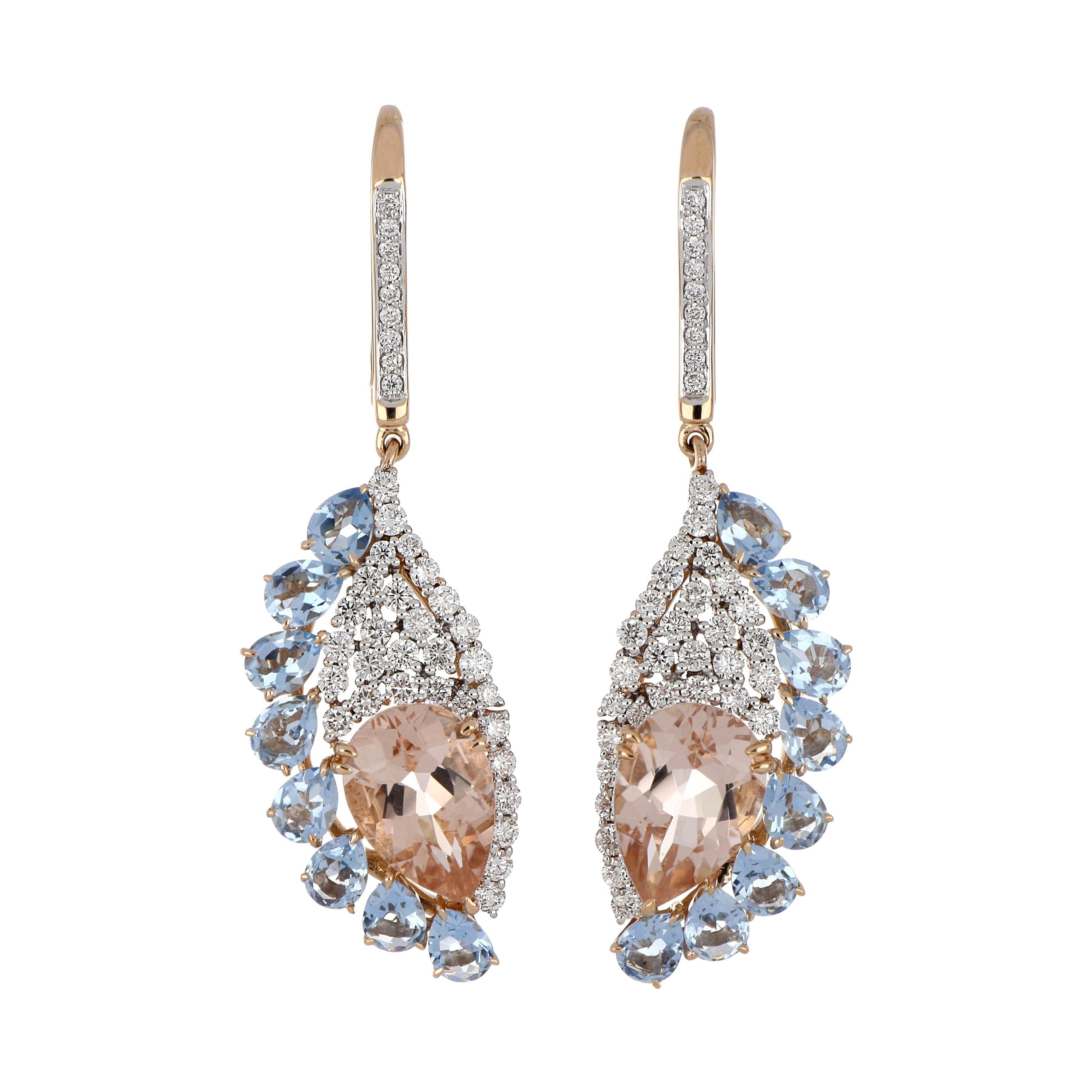 5.35 Carat Total Morganite and Aquamarine Earring with Diamonds in 18 Karat Gold